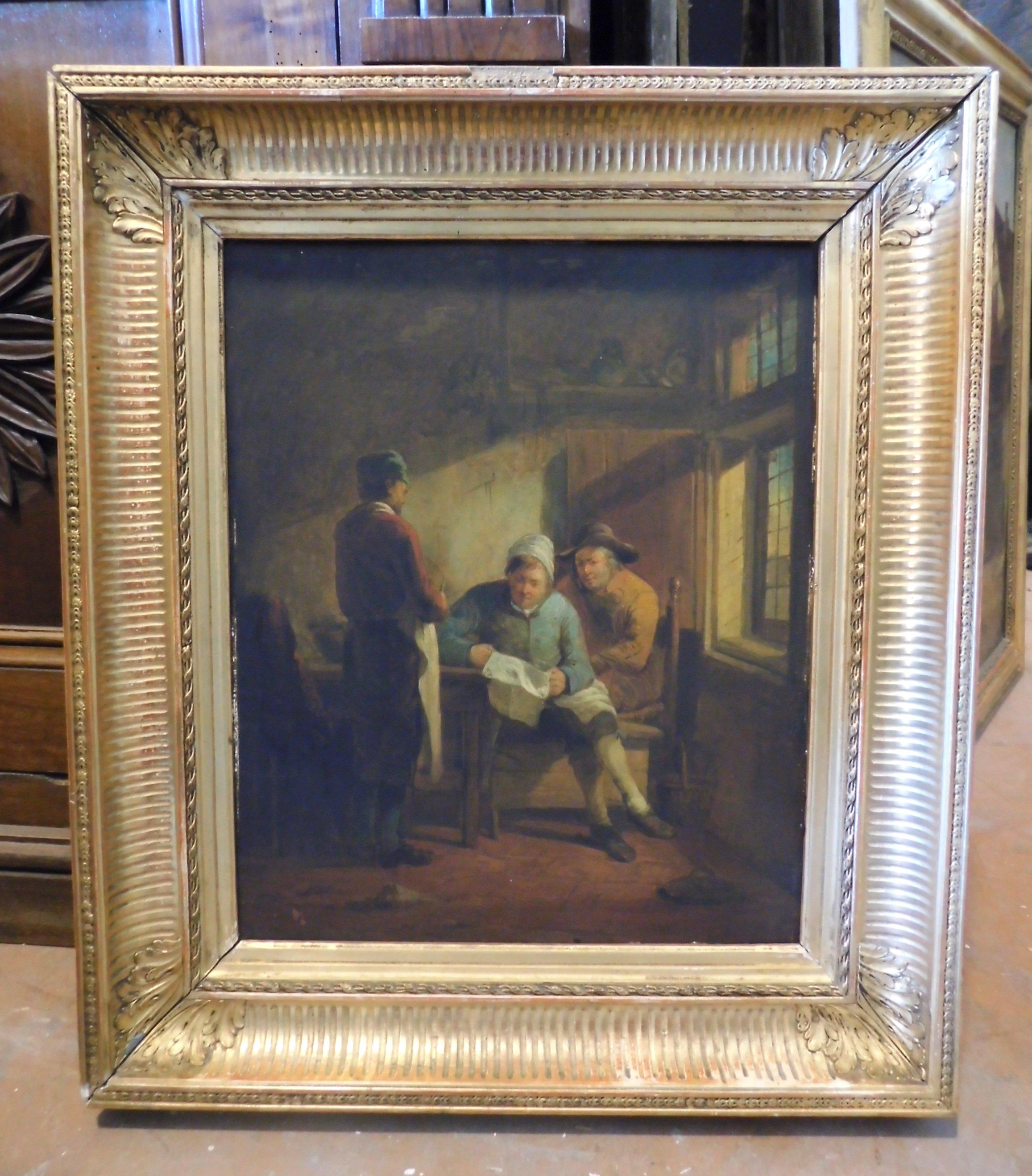 Antique Oil on Canvas People Painting, Gilded Coeval Frame, Late 1800, Italy 1
