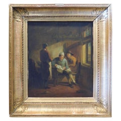 Antique Oil on Canvas People Painting, Gilded Coeval Frame, Late 1800, Italy