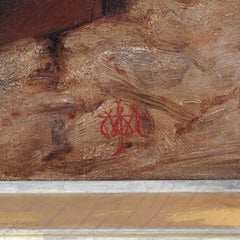 Antique Oil On Canvas Persian Desert Oasis Scene, Nomads & Camels, Farsi Signed