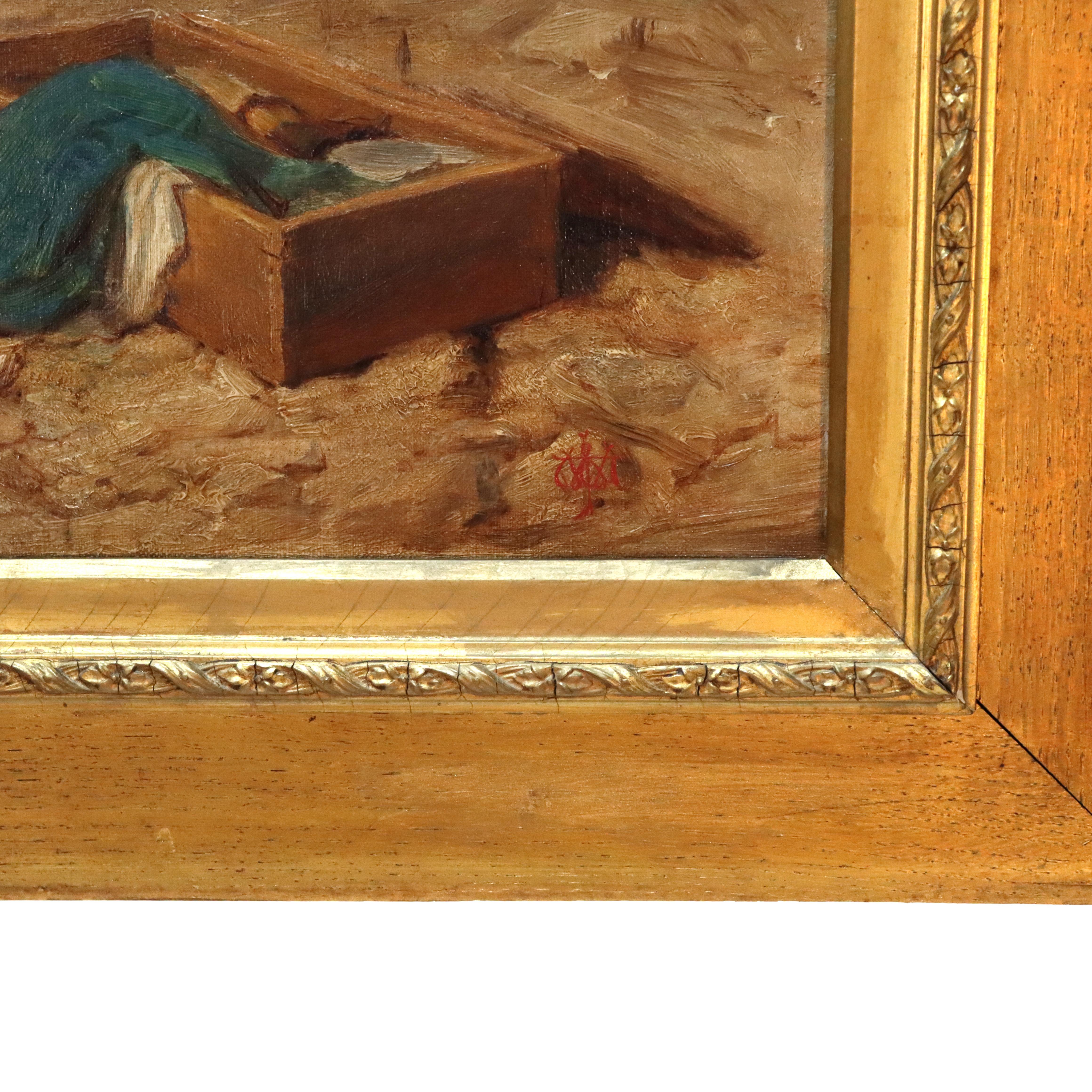 Huile ancienne sur toile, scène d'oasis dans le désert persan, nomades et chameaux, signée en farsi Bon état - En vente à Big Flats, NY