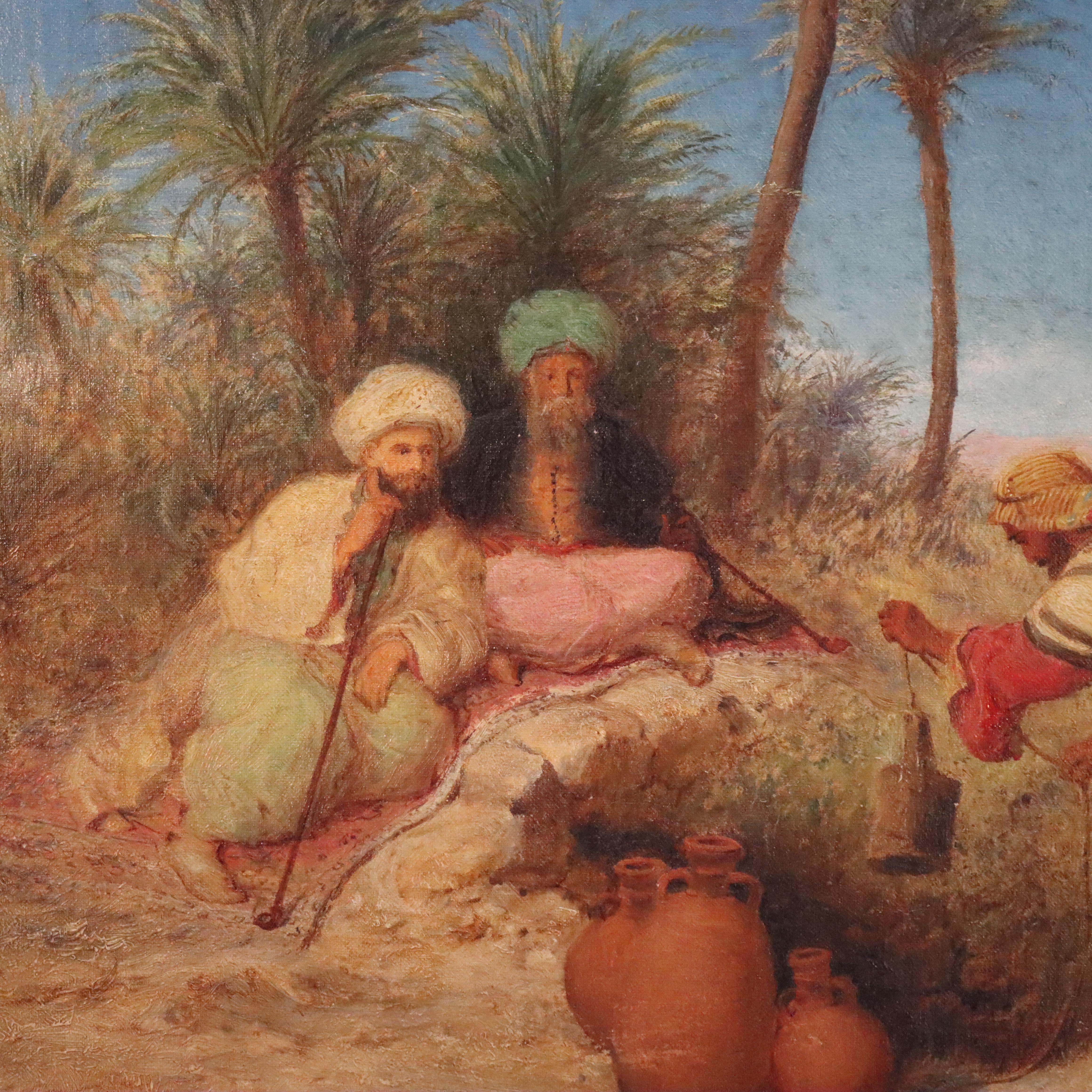 XIXe siècle Huile ancienne sur toile, scène d'oasis dans le désert persan, nomades et chameaux, signée en farsi en vente