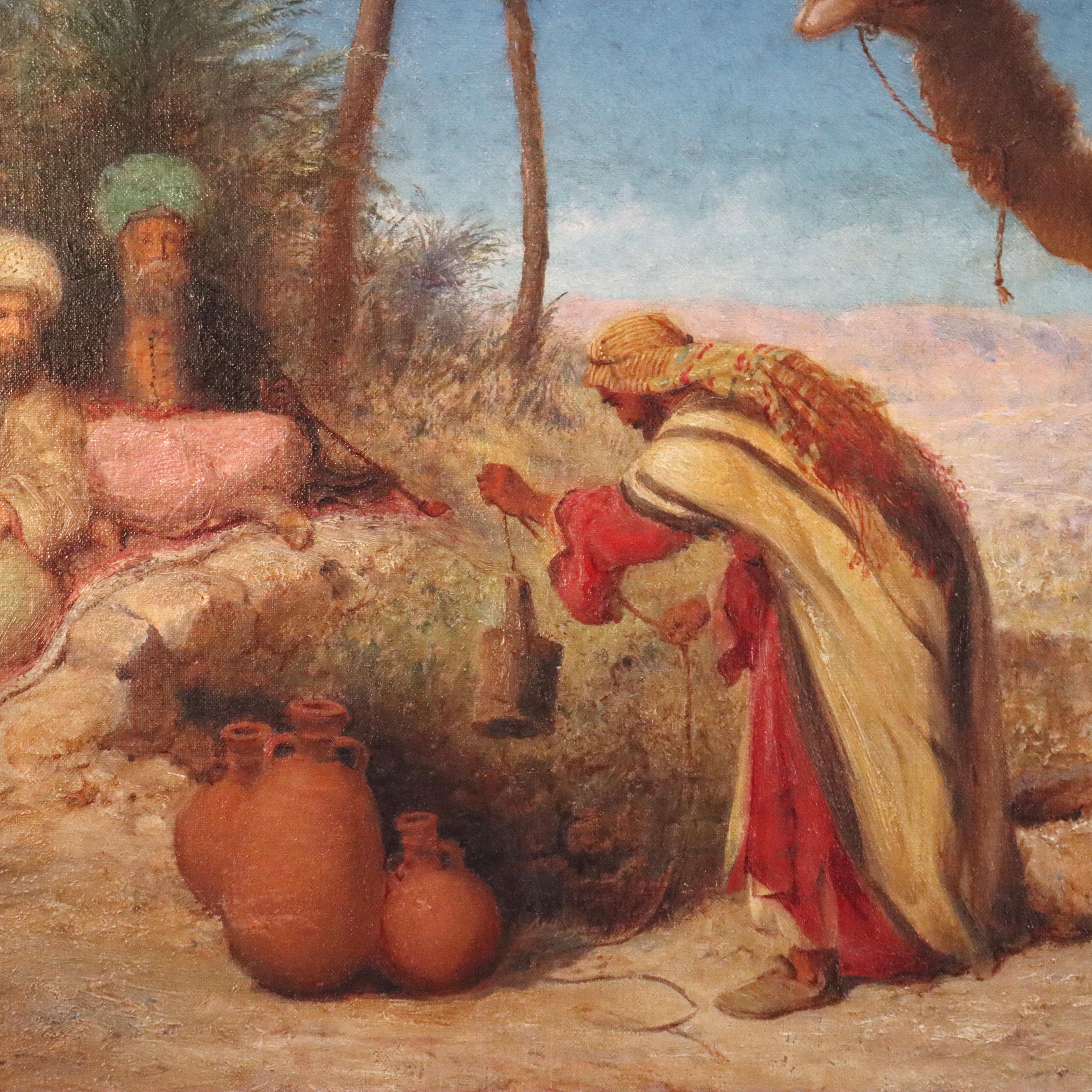 Toile Huile ancienne sur toile, scène d'oasis dans le désert persan, nomades et chameaux, signée en farsi en vente