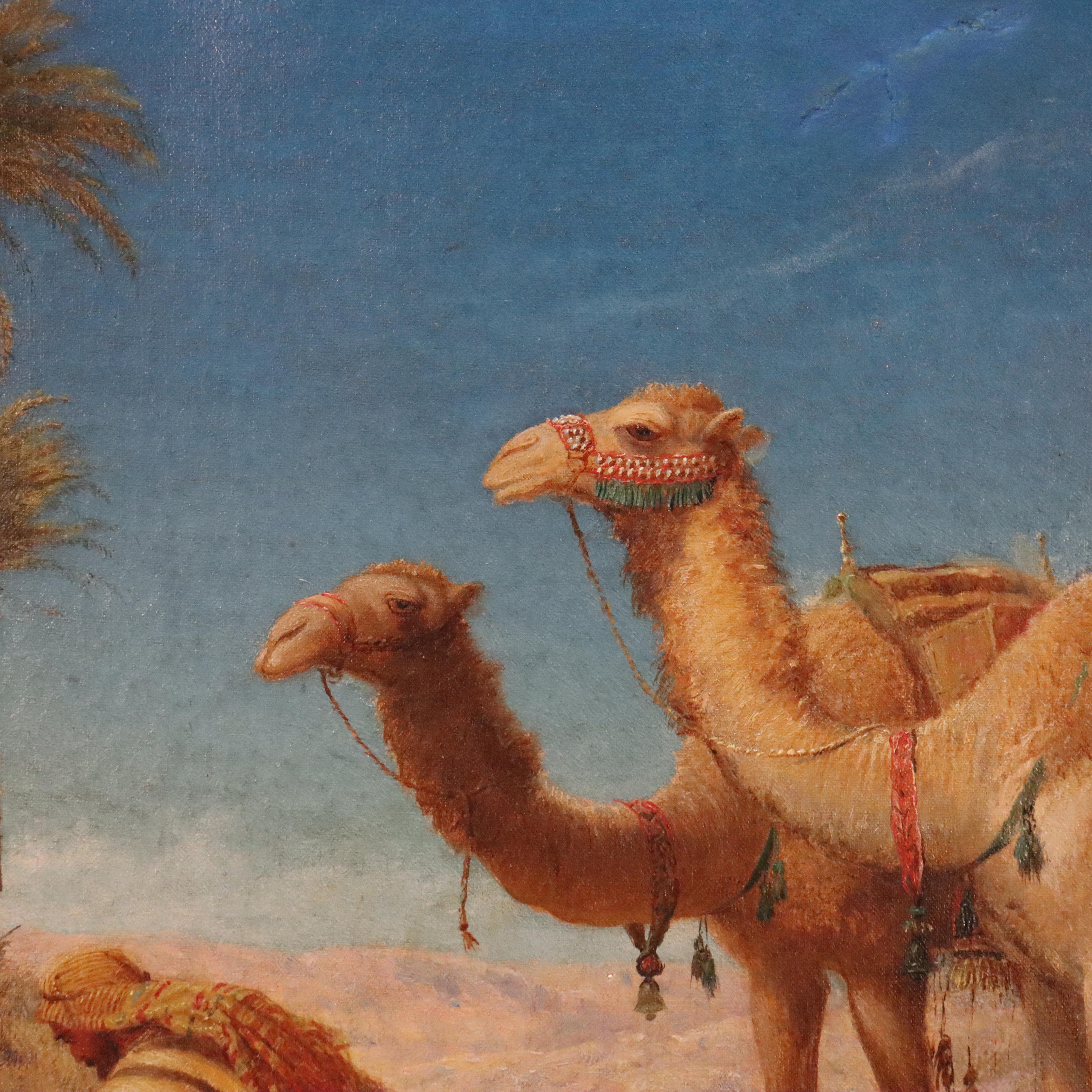 Huile ancienne sur toile, scène d'oasis dans le désert persan, nomades et chameaux, signée en farsi en vente 1