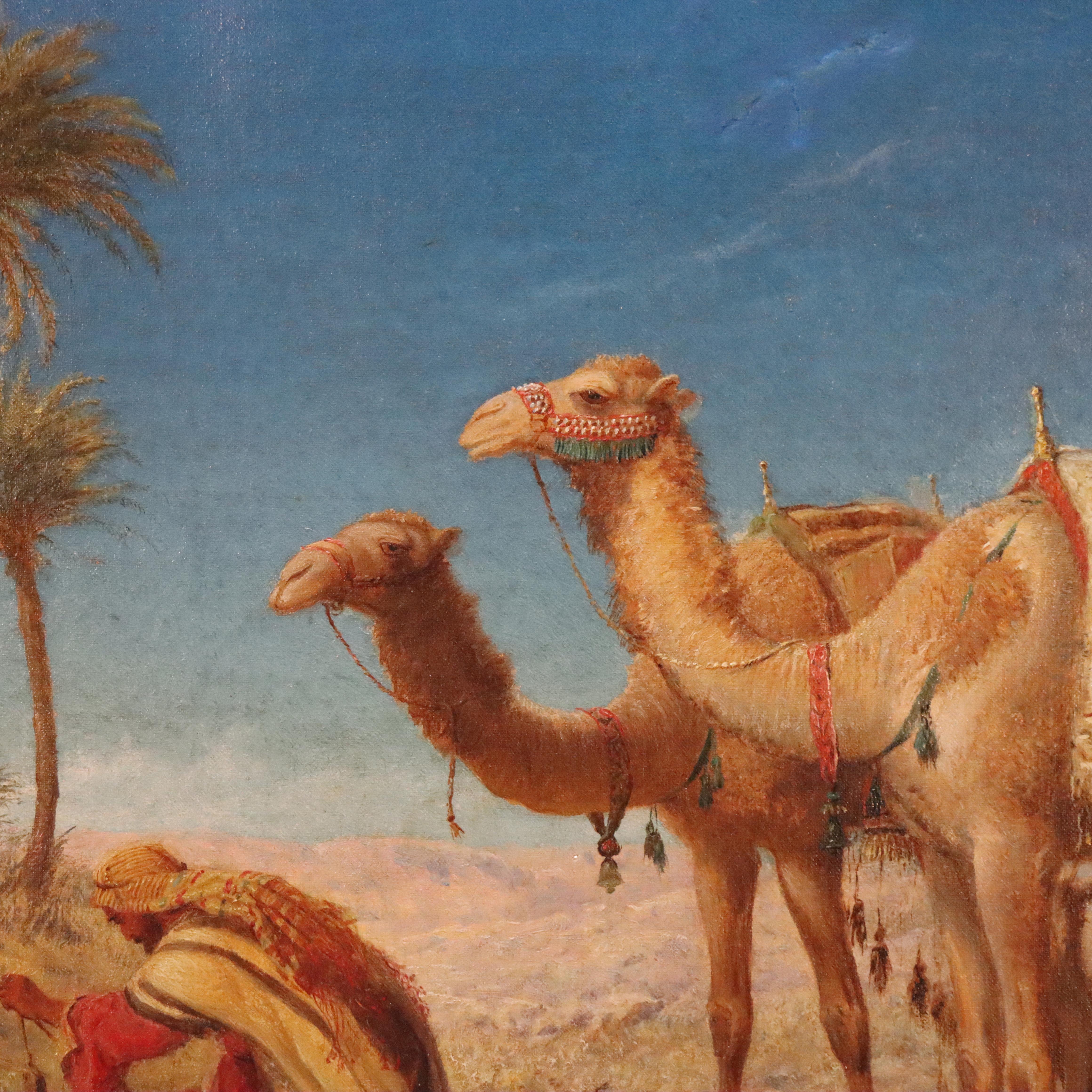 Huile ancienne sur toile, scène d'oasis dans le désert persan, nomades et chameaux, signée en farsi en vente 2
