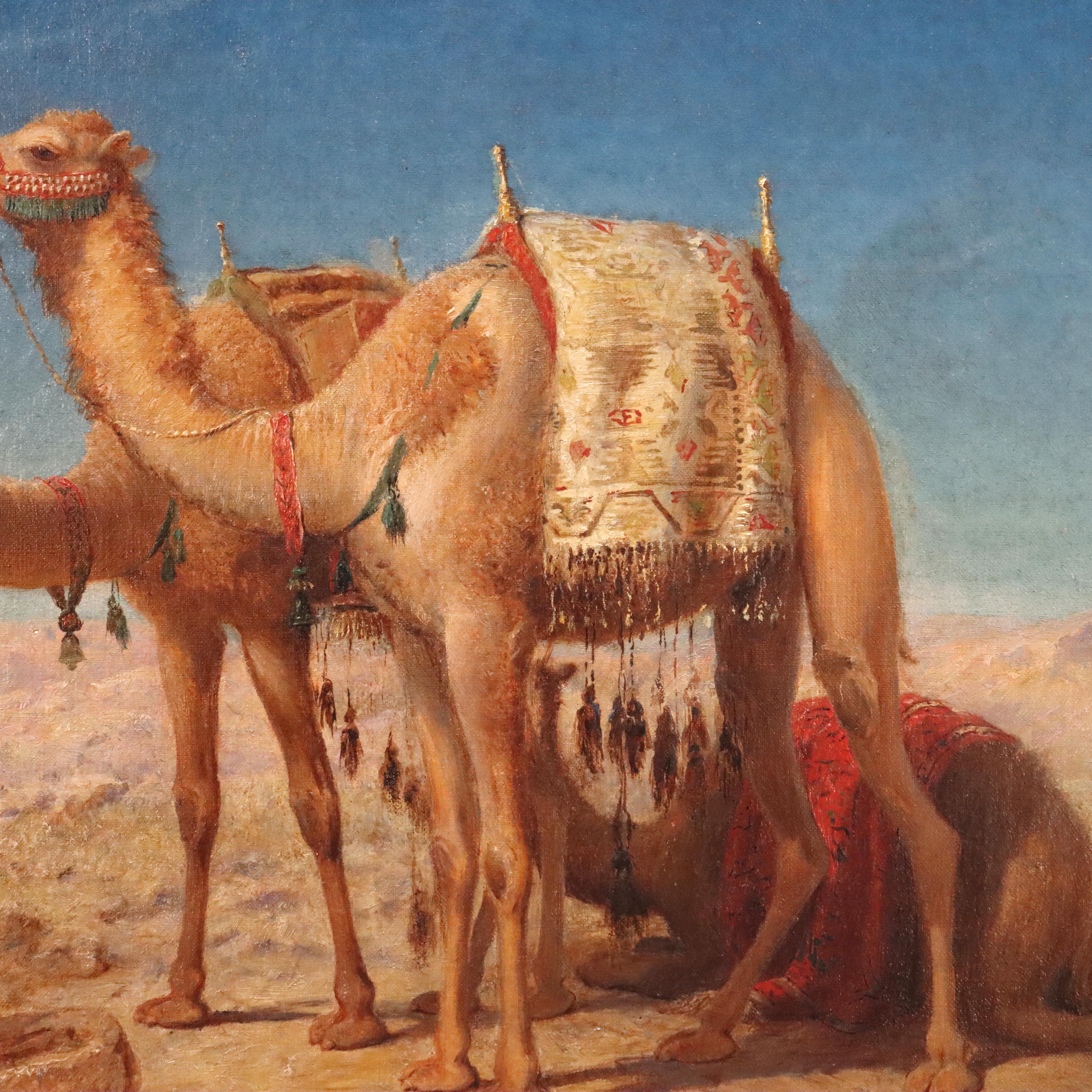 Huile ancienne sur toile, scène d'oasis dans le désert persan, nomades et chameaux, signée en farsi en vente 3