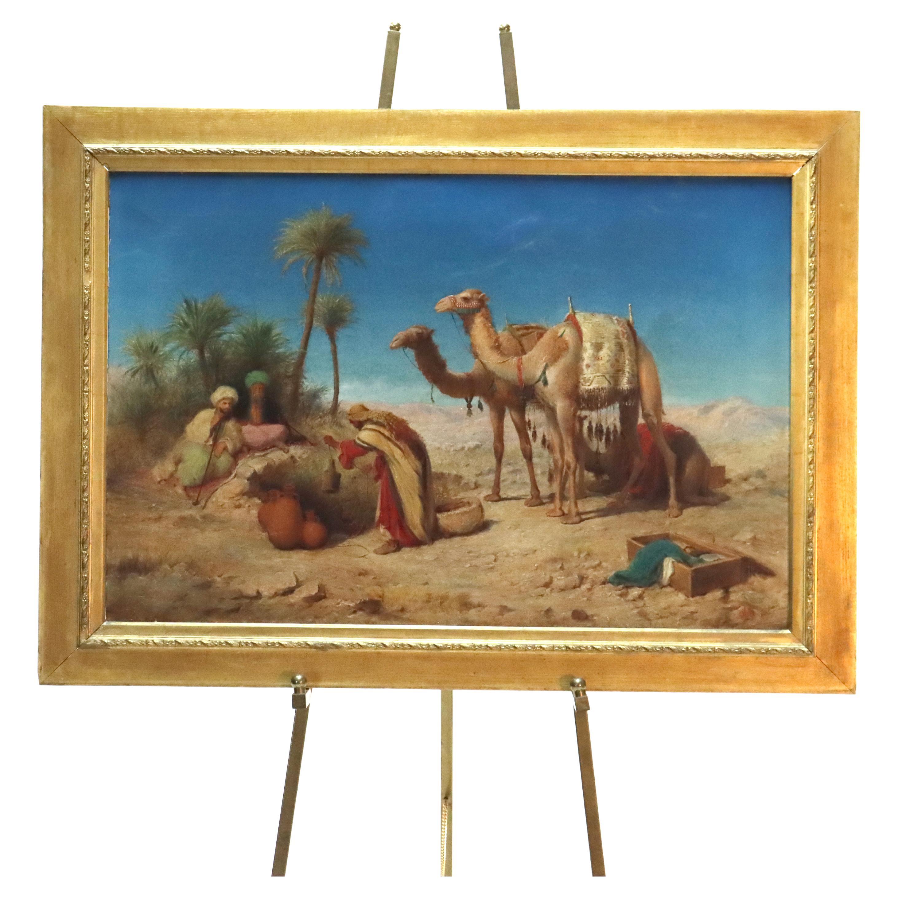 Huile ancienne sur toile, scène d'oasis dans le désert persan, nomades et chameaux, signée en farsi en vente