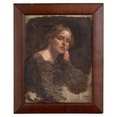 Antique Oil On Canvas Portrait of a Woman in Brown by Julius Paulsen