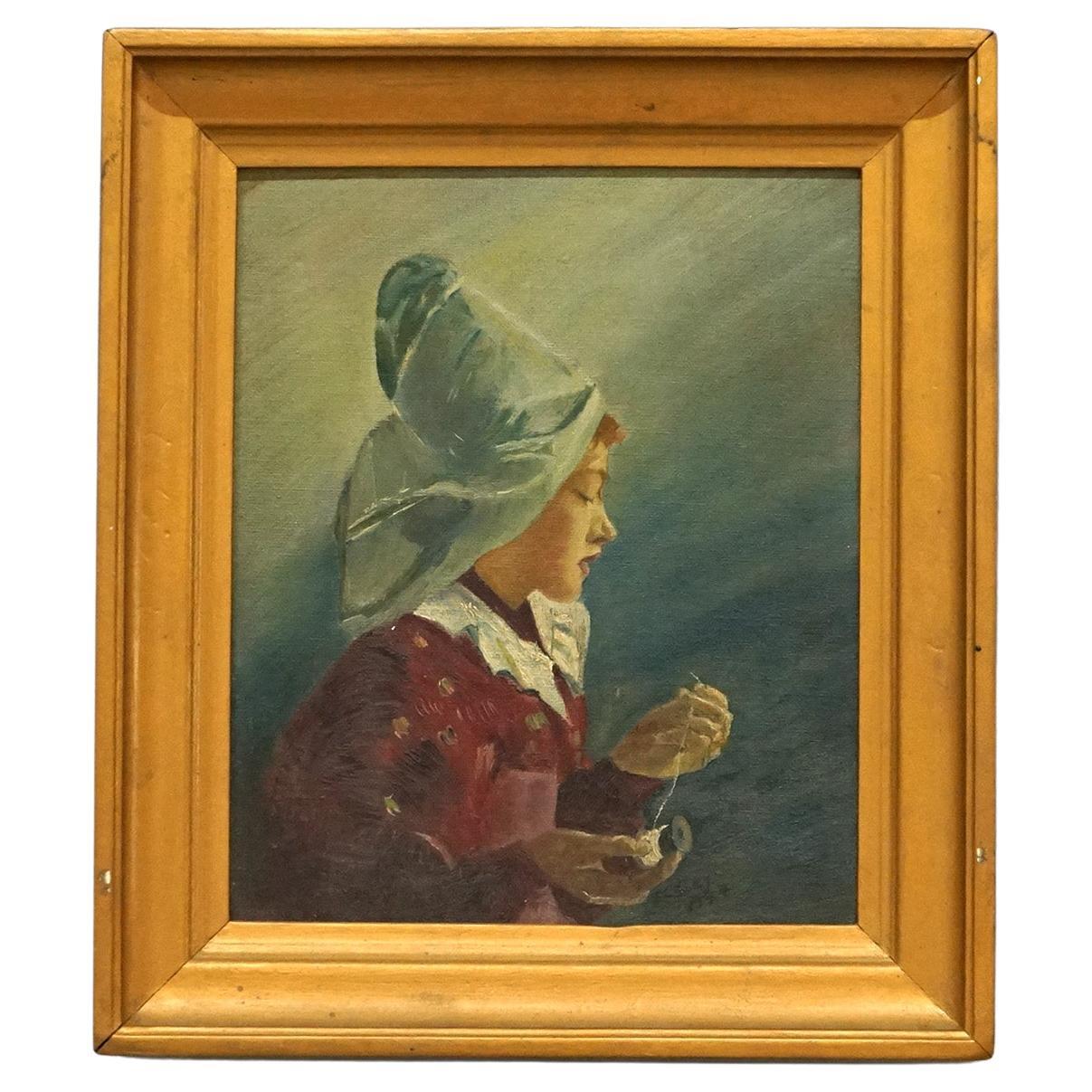 Ancienne huile sur toile portrait d'une jeune fille par F. Casey, encadrée, C1924