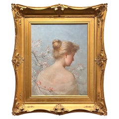 Antique Oil on Canvas Portrait of Elegant Beauty and Spring Flowers 1893