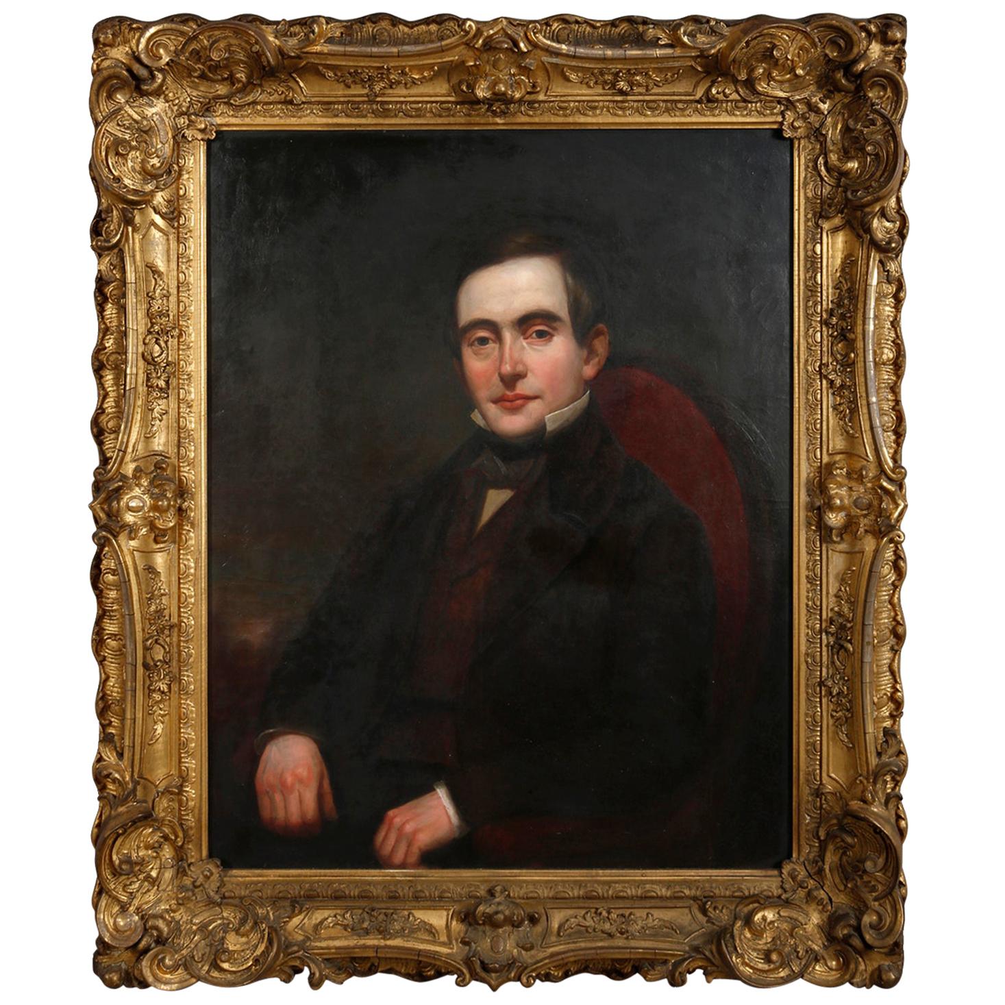 Large Antique Oil on Canvas Portrait of Seated Gentlemen, J.D. Hoyt, Buffalo NY