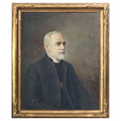 Peinture ancienne de portrait à l'huile sur toile:: prêtre catholique par Antonio Barone:: 1935