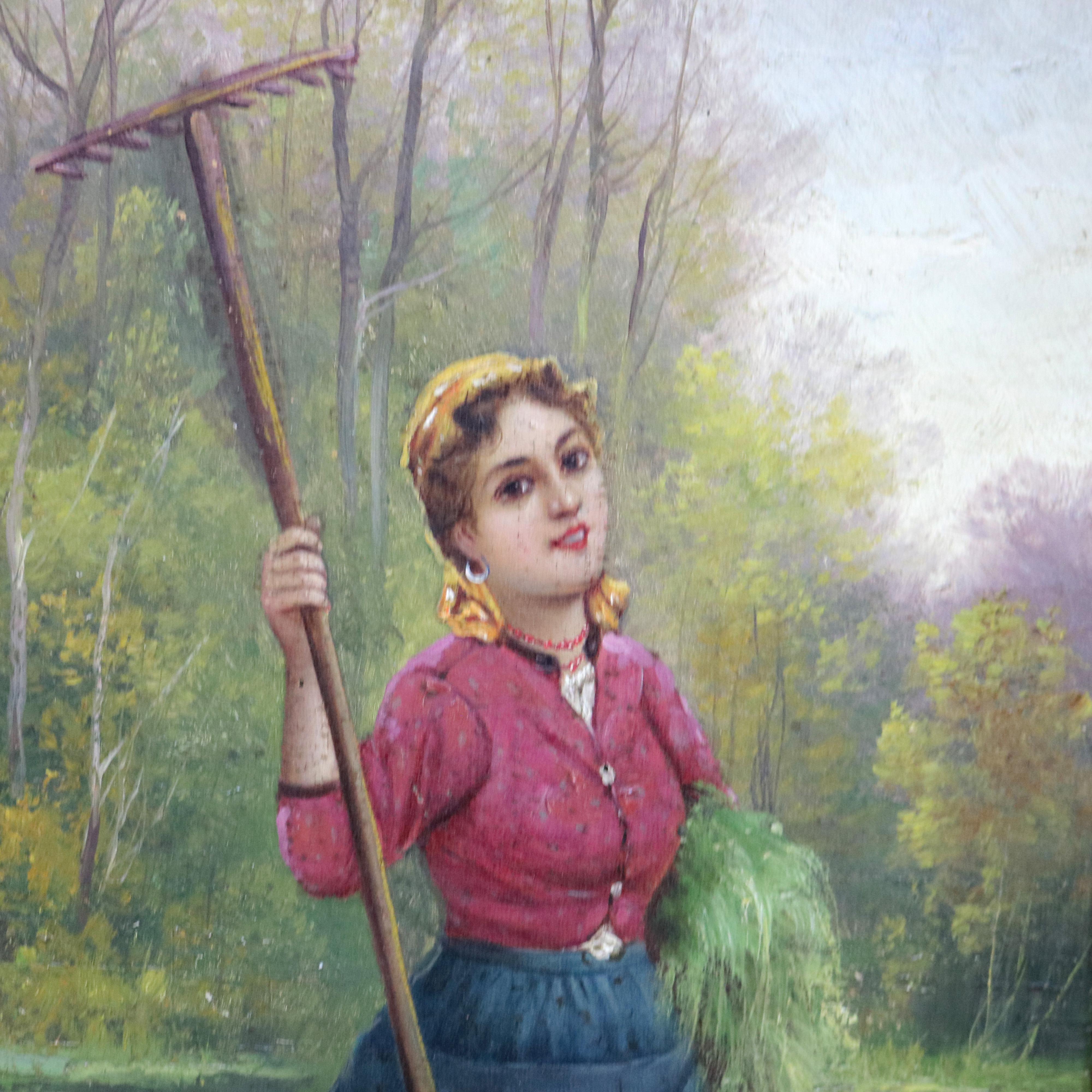 Antique Oil On Canvas Portrait Painting of a Farm Girl, Artist Signed Illegible, Giltwood Framed, C1890

Measures - 29 1/2