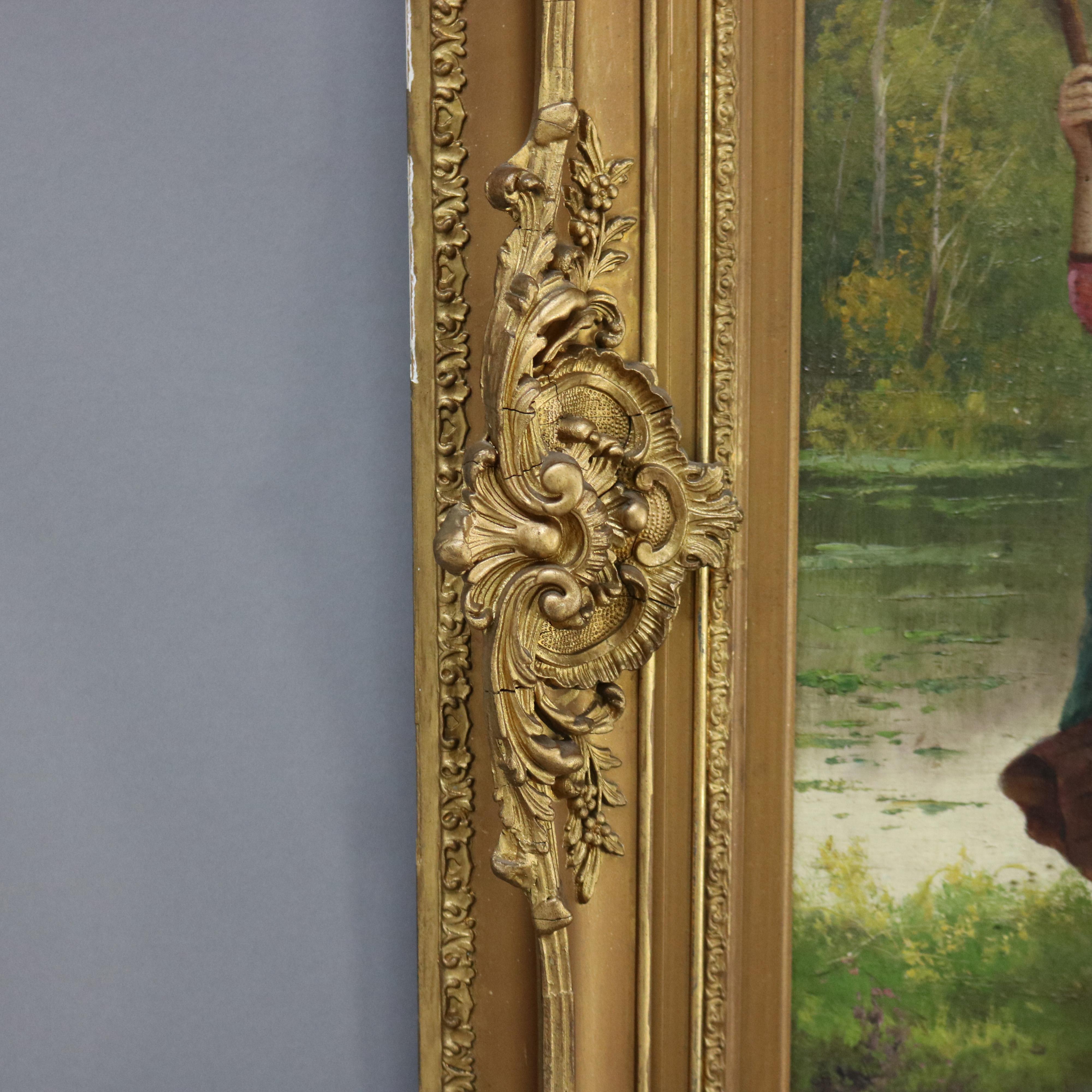 19th Century Antique Oil On Canvas Portrait Painting of a Farm Girl Signed C1890