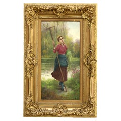 Antique Oil On Canvas Portrait Painting of a Farm Girl Signed C1890