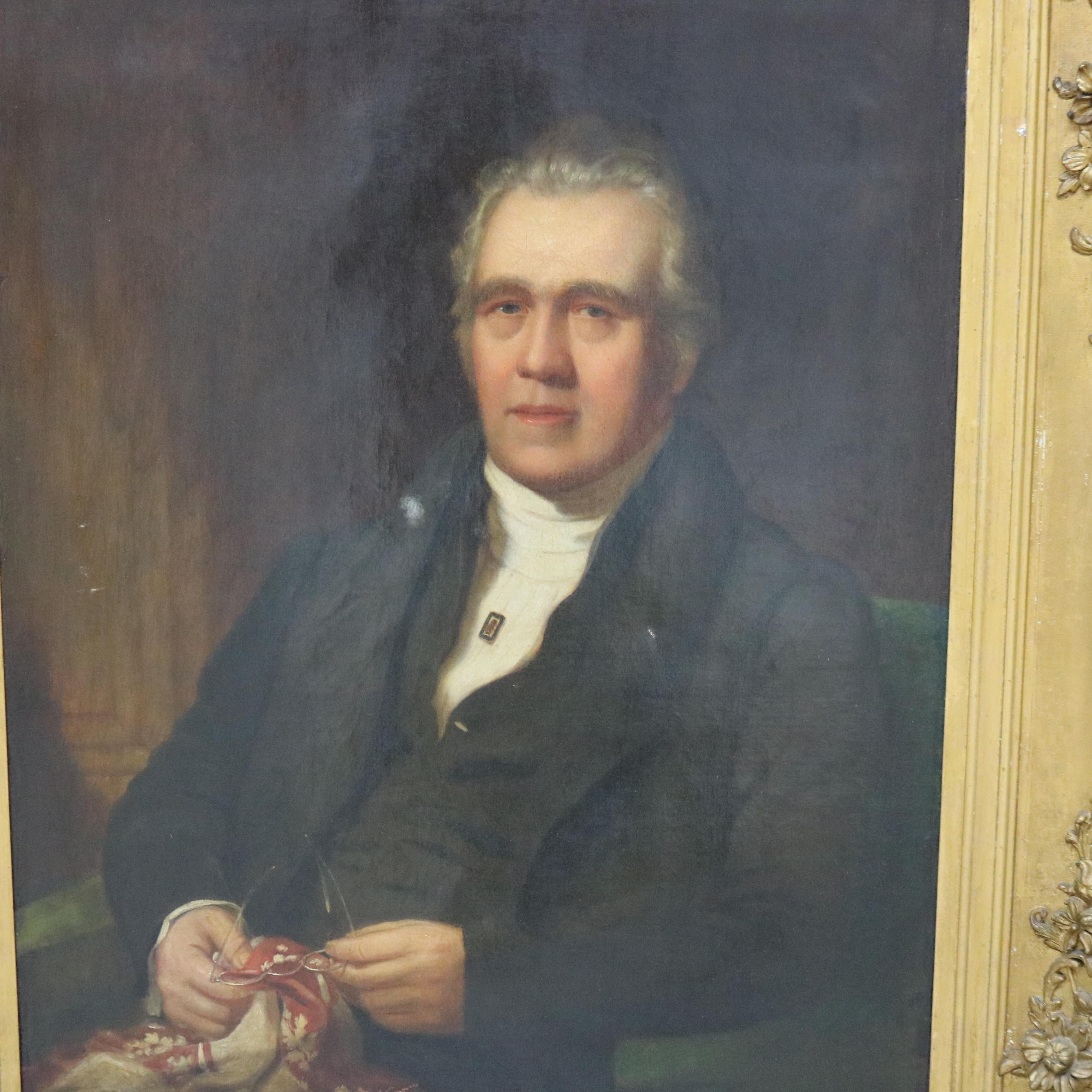 Hand-Painted Antique Oil on Canvas Portrait Painting of a Nobleman, Giltwood Framed, C1880
