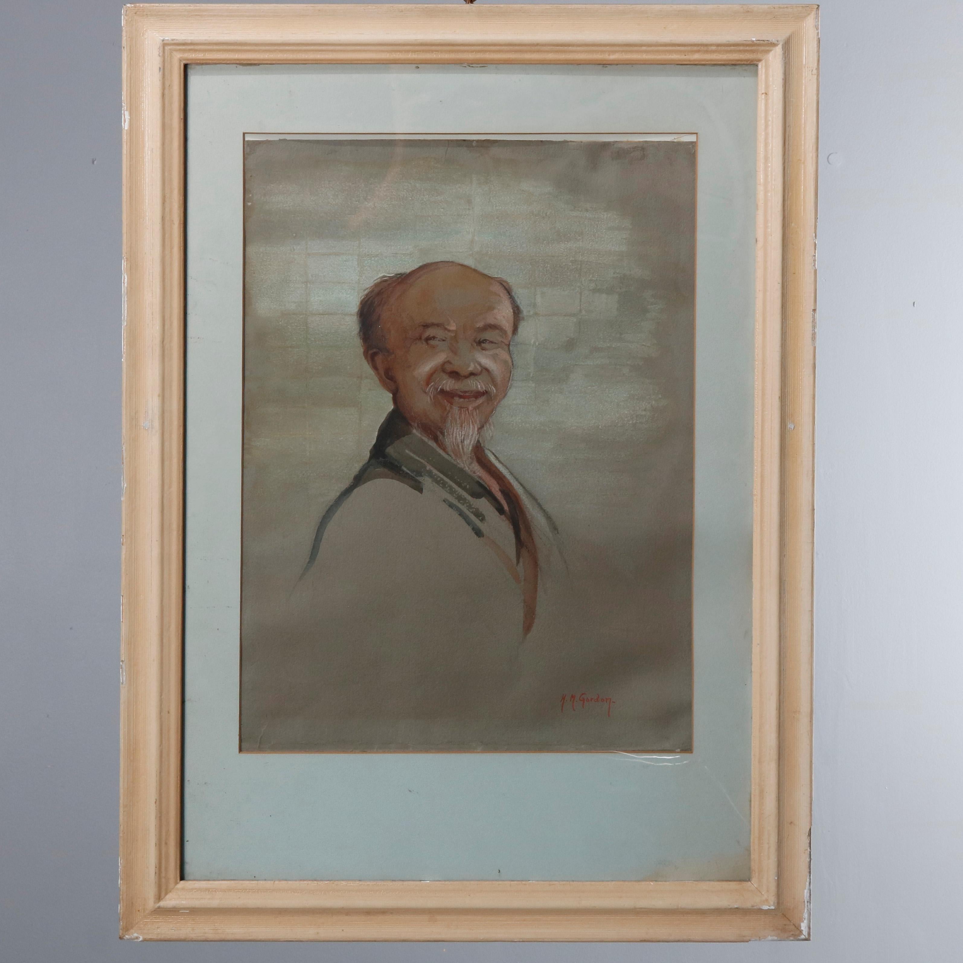 Antique Oil on Canvas Portrait Painting of a Wise Man by HM Gordon, circa 1930 In Good Condition For Sale In Big Flats, NY