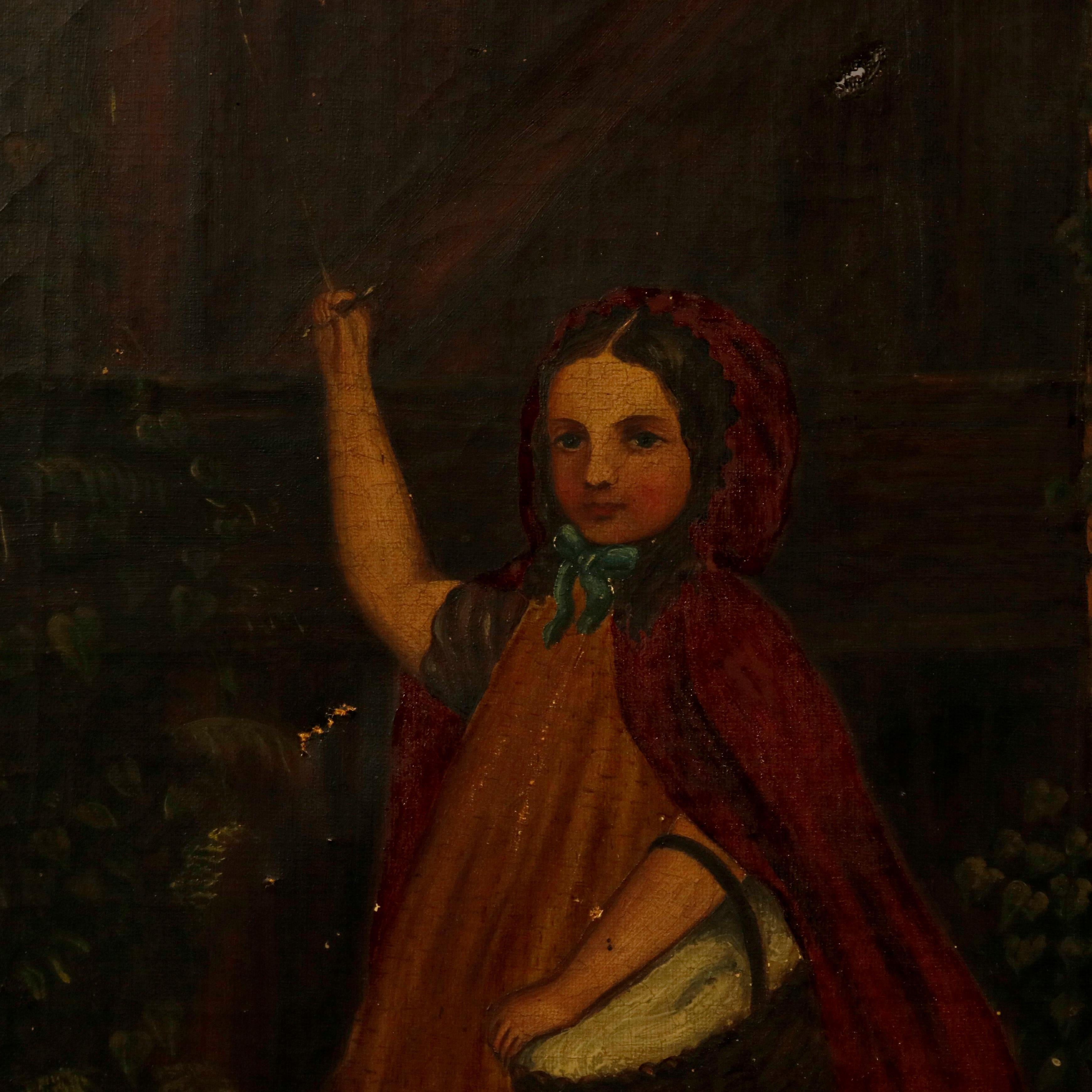 An antique Continental oil on canvas painting depicts a full length portrait of fairy tale character Little Red Riding Hood, a little girl in her red cape and carrying her gathering basket, circa 1900

Measures: 16.25
