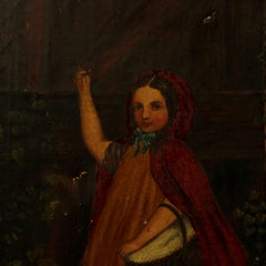 Antique Oil on Canvas Portrait Painting of Little Red Riding Hood, circa 1900