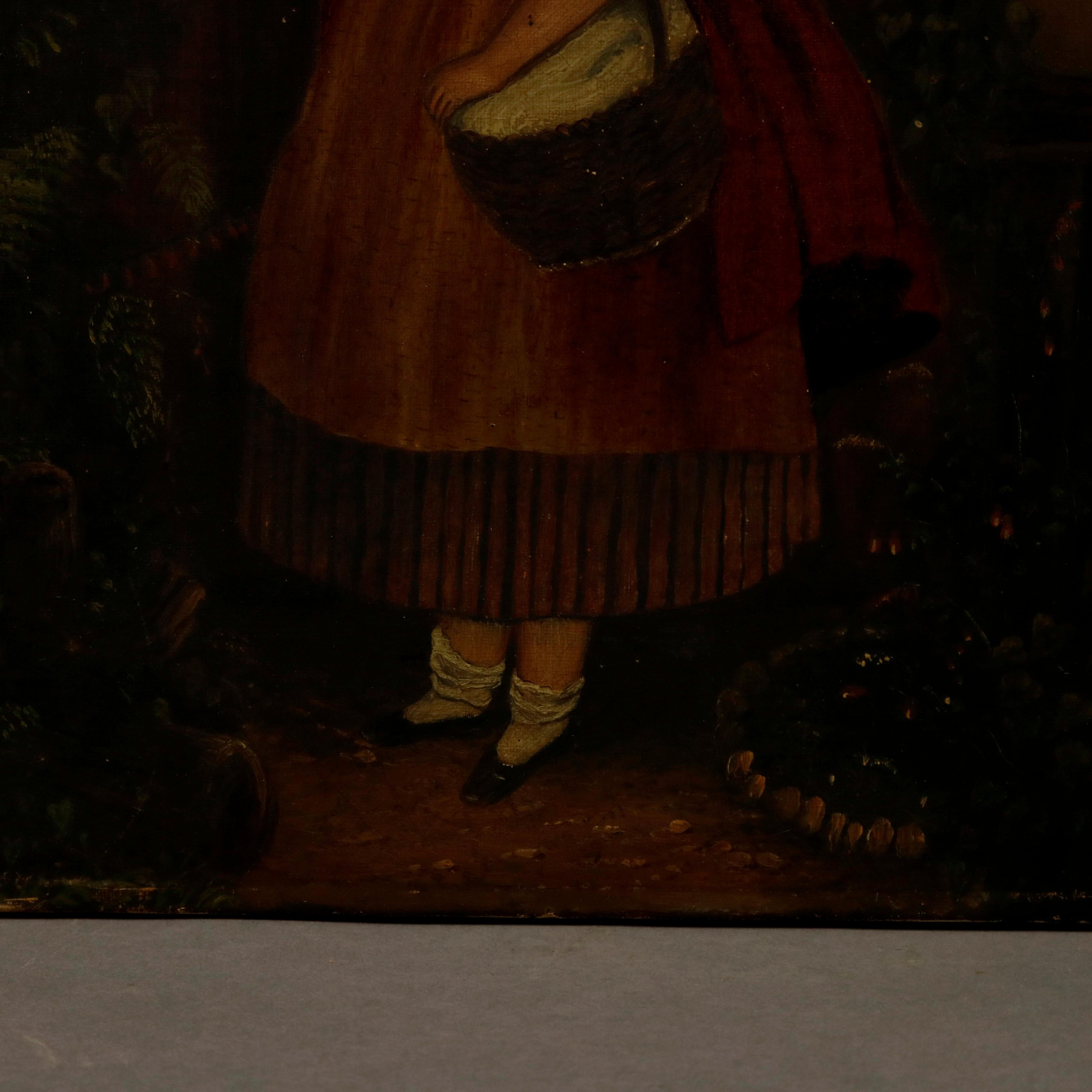European Antique Oil on Canvas Portrait Painting of Little Red Riding Hood, circa 1900