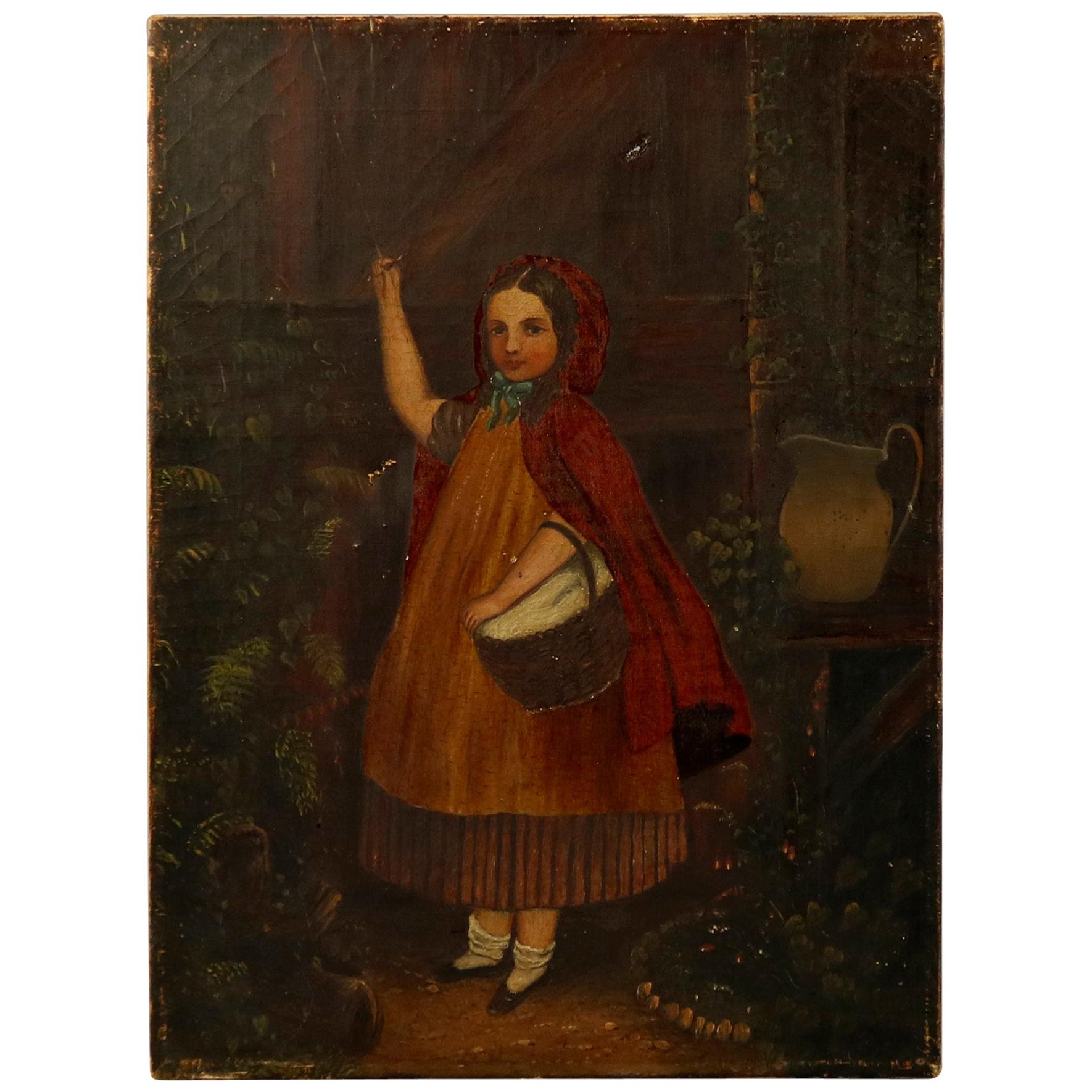 Antique Oil on Canvas Portrait Painting of Little Red Riding Hood, circa 1900