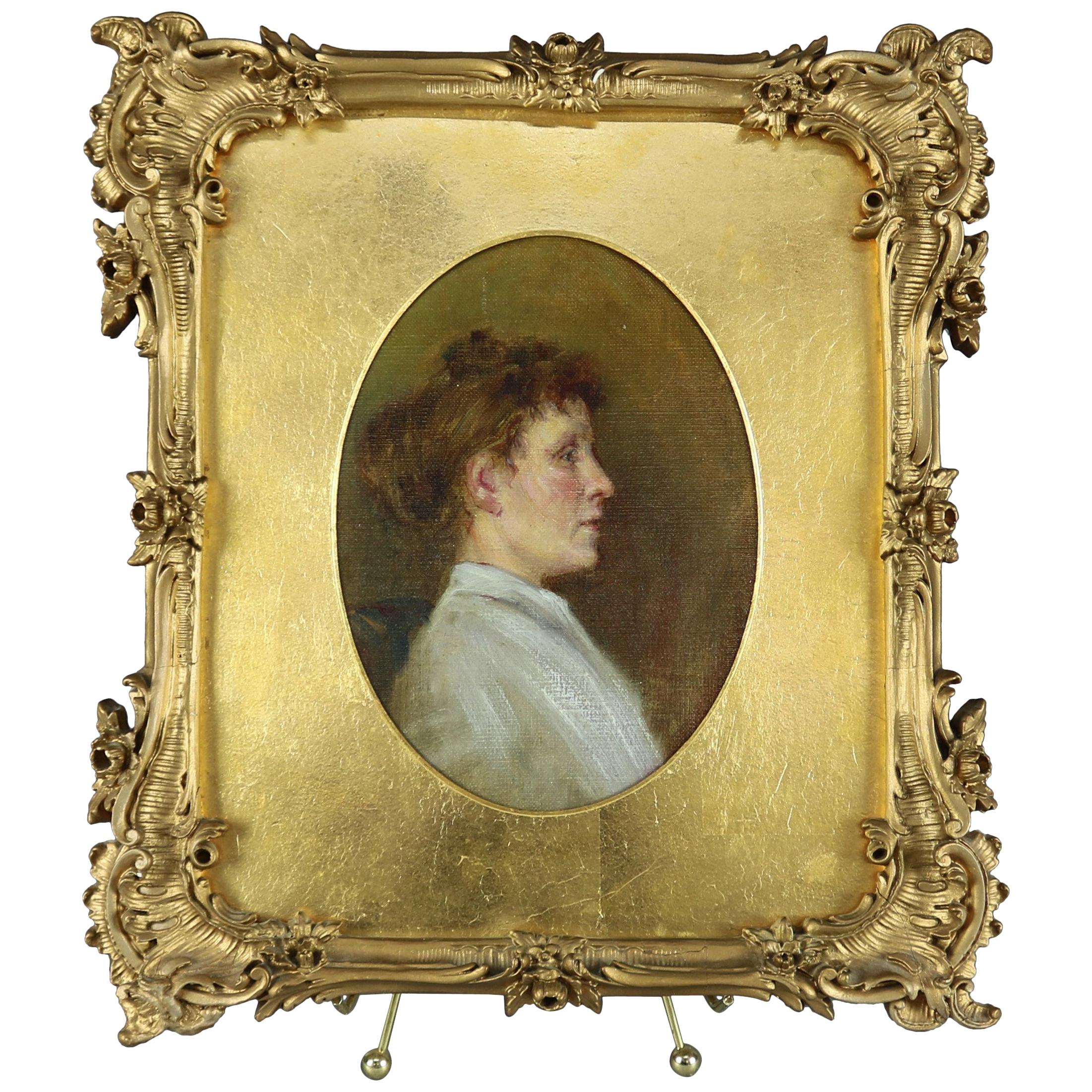 Antique Oil on Canvas Portrait Painting of Maiden in Giltwood Frame, circa 1890