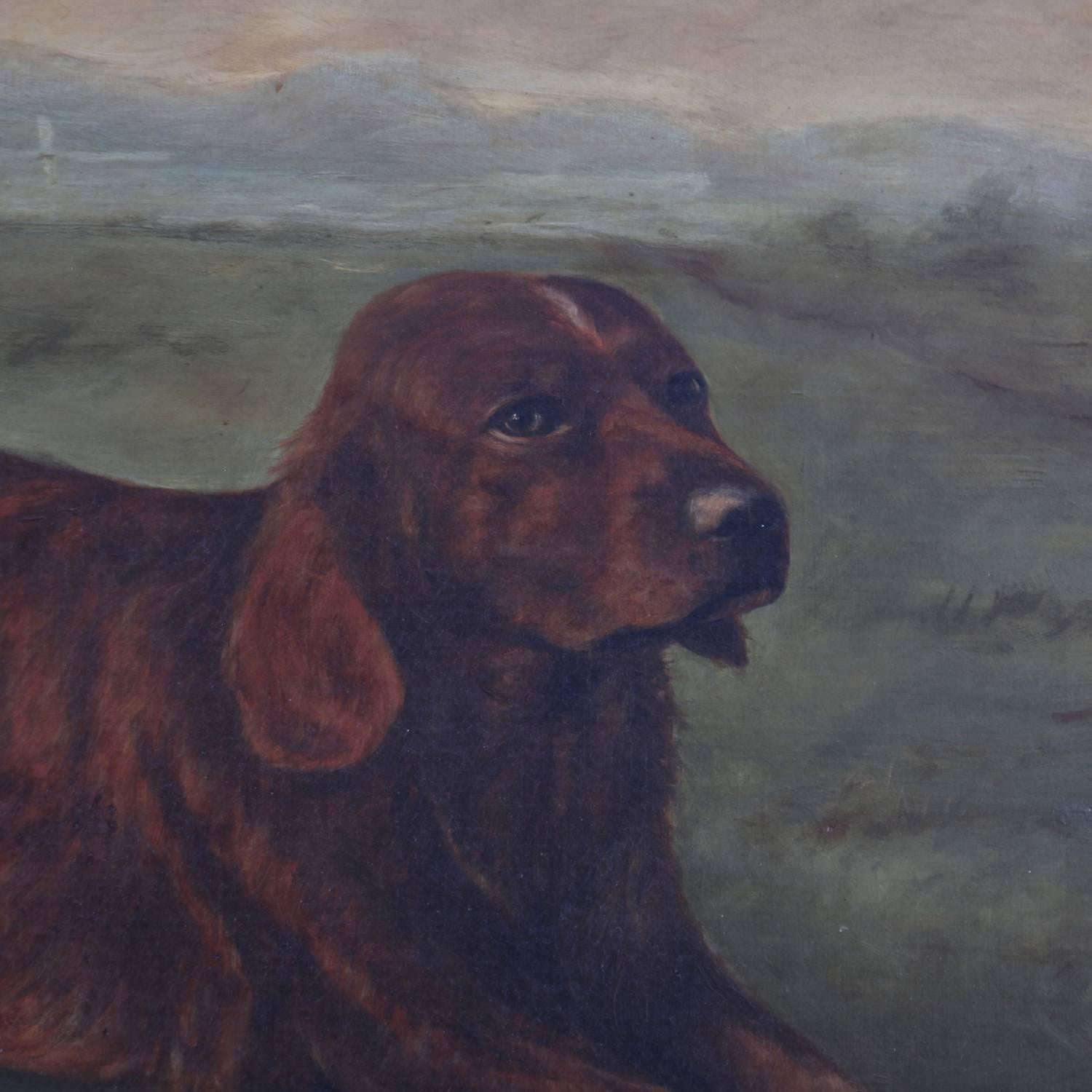 Antique oil on canvas hunting or bird dog portrait of Irish Setter or Chesapeake Bay Retriever resting next to fishing pole and creel, unframed, artist unknown, 19th century.


Measures: 25