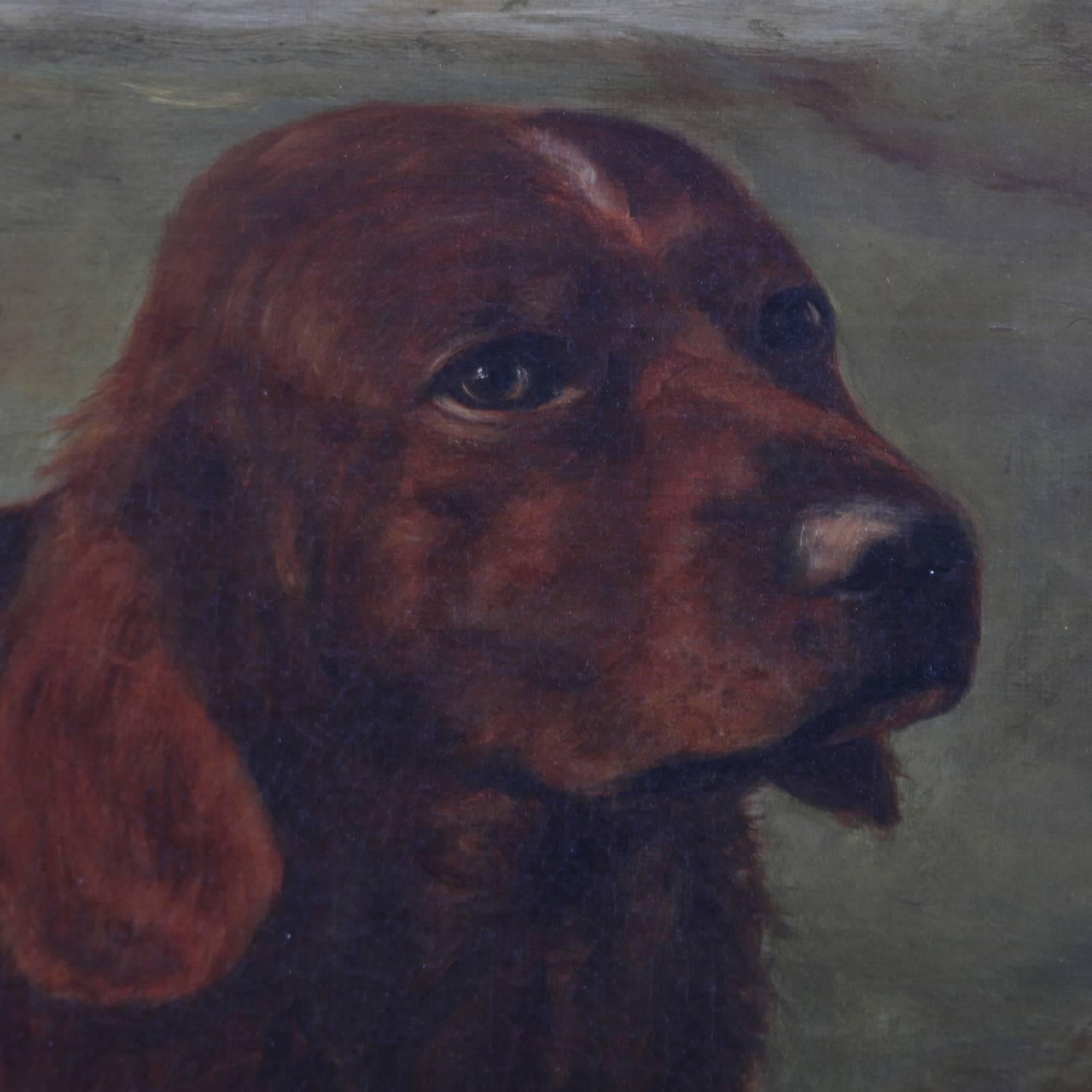 European Antique Oil on Canvas Portrait Painting of Retriever Hunting Dog, 19th Century