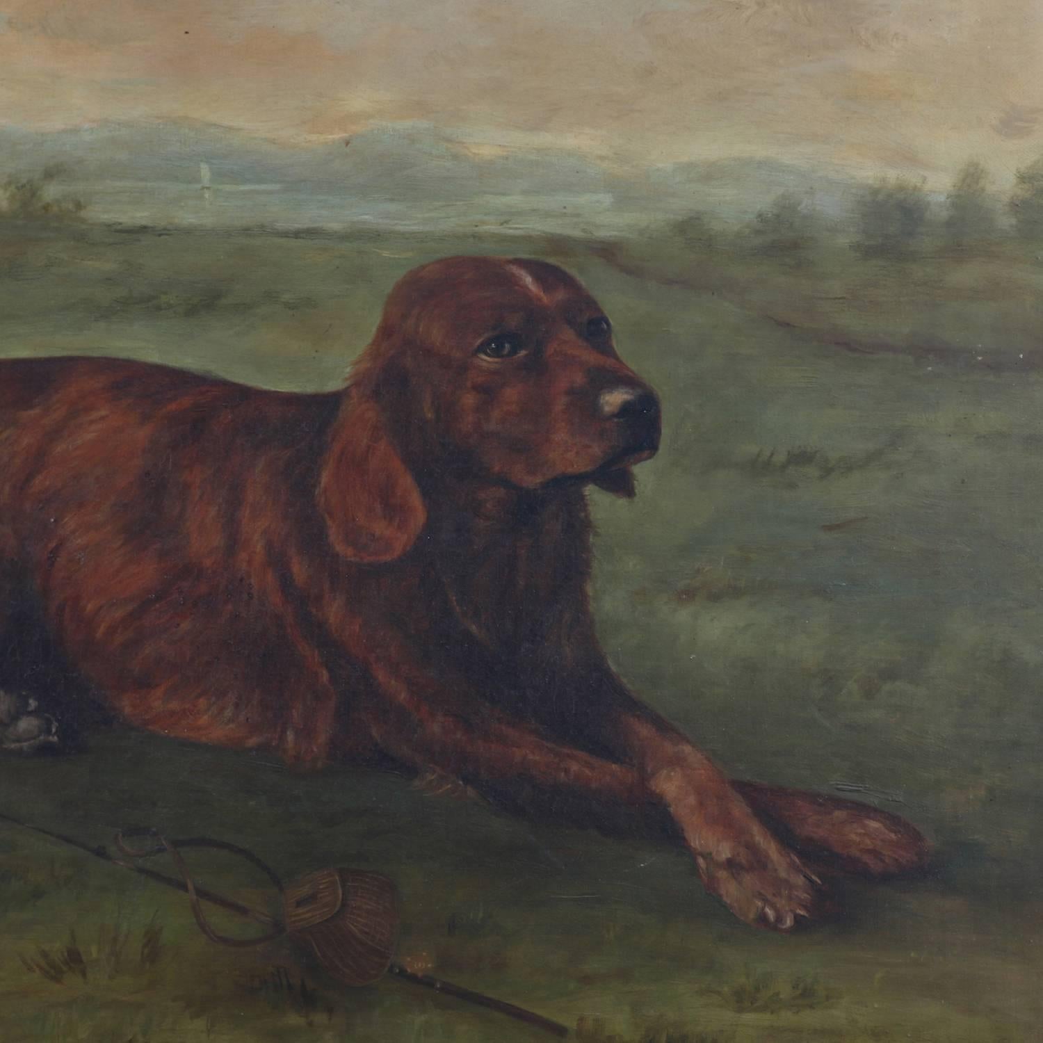 Antique Oil on Canvas Portrait Painting of Retriever Hunting Dog, 19th Century 1