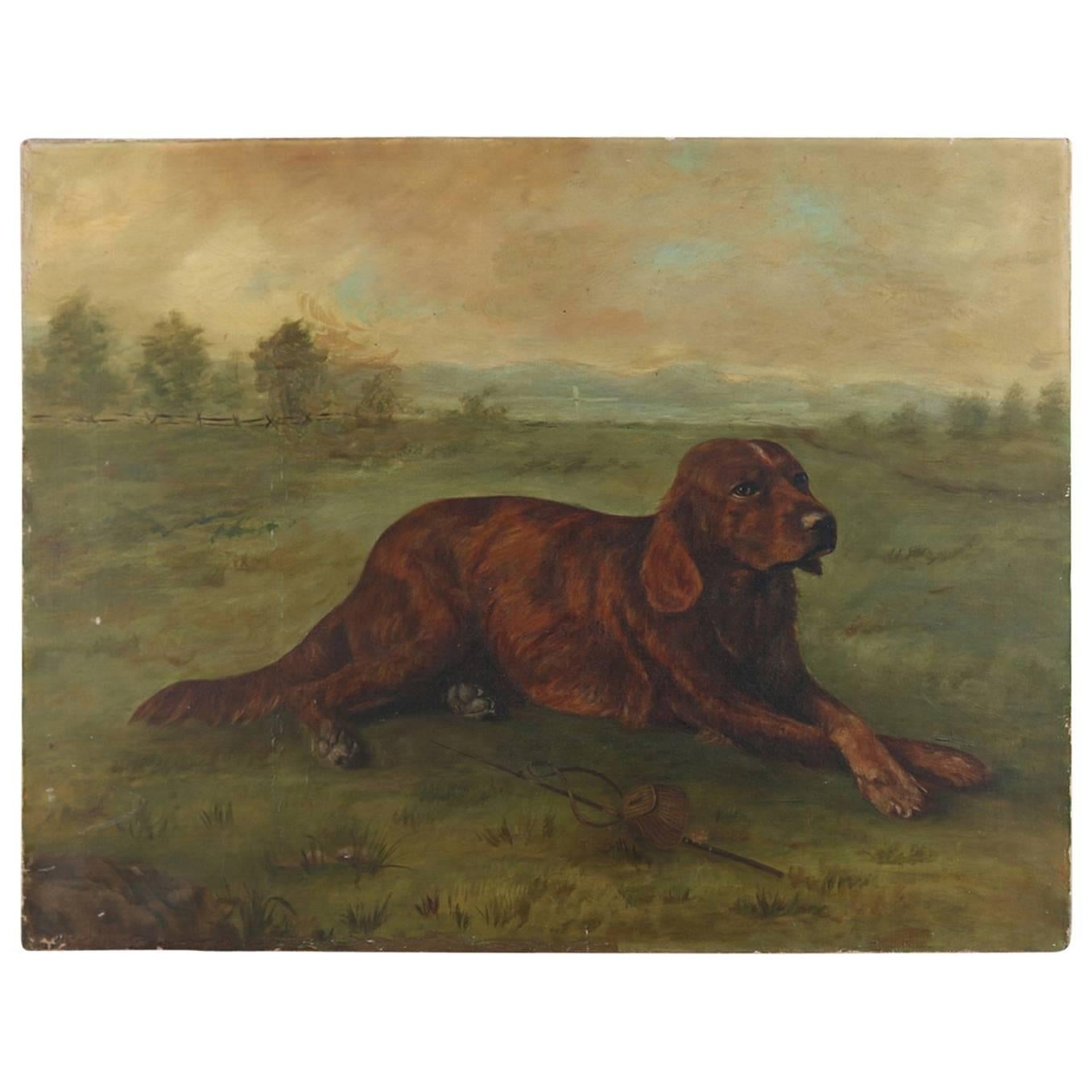 Antique Oil on Canvas Portrait Painting of Retriever Hunting Dog, 19th Century