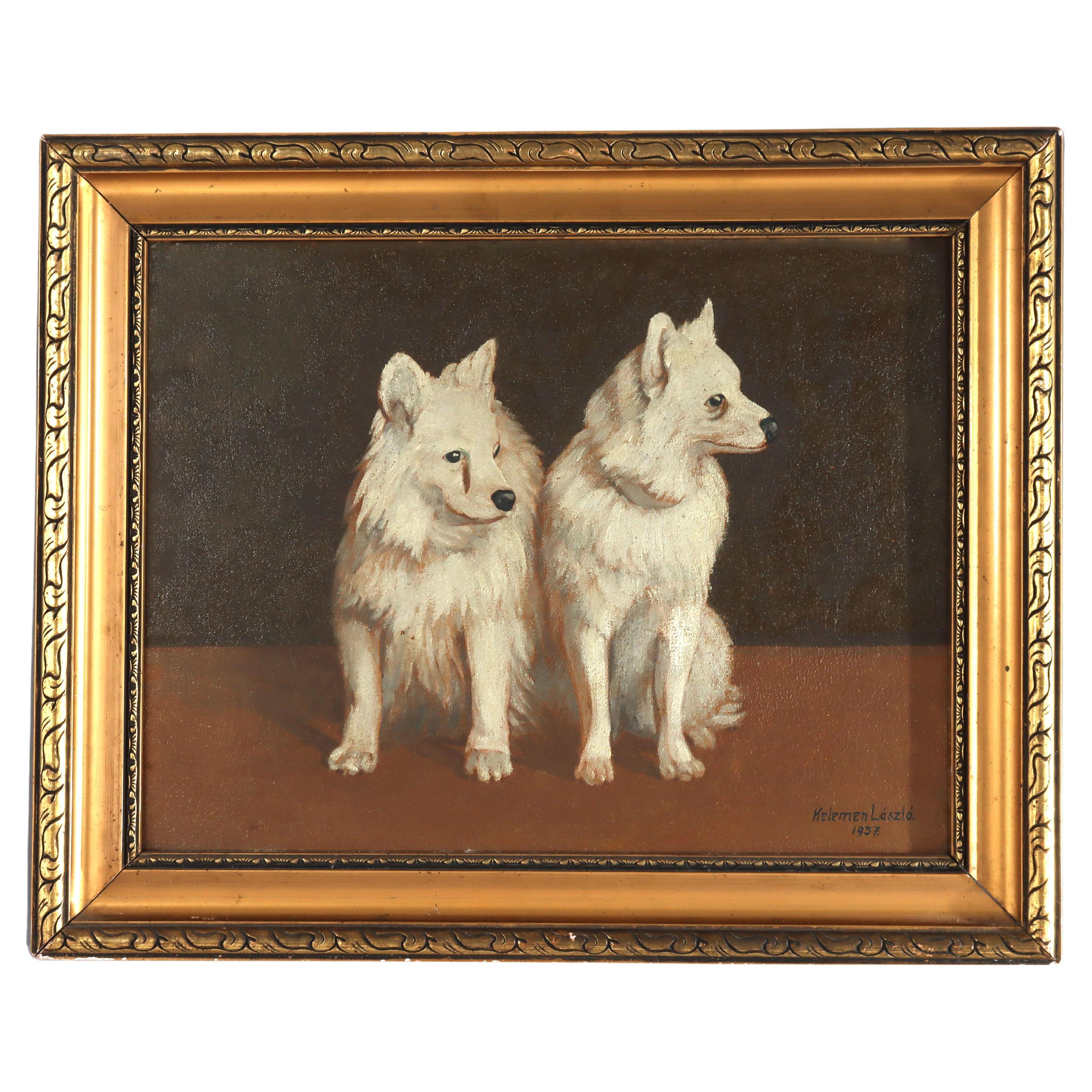 Antike Öl auf leinwand Porträtmalerei von zwei Hunden von Kelemen L'aszlo C1937