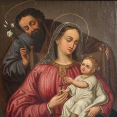 Antique Oil on Canvas Religious Painting of the Holy Family