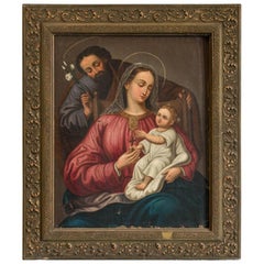 Antique Oil on Canvas Religious Painting of the Holy Family