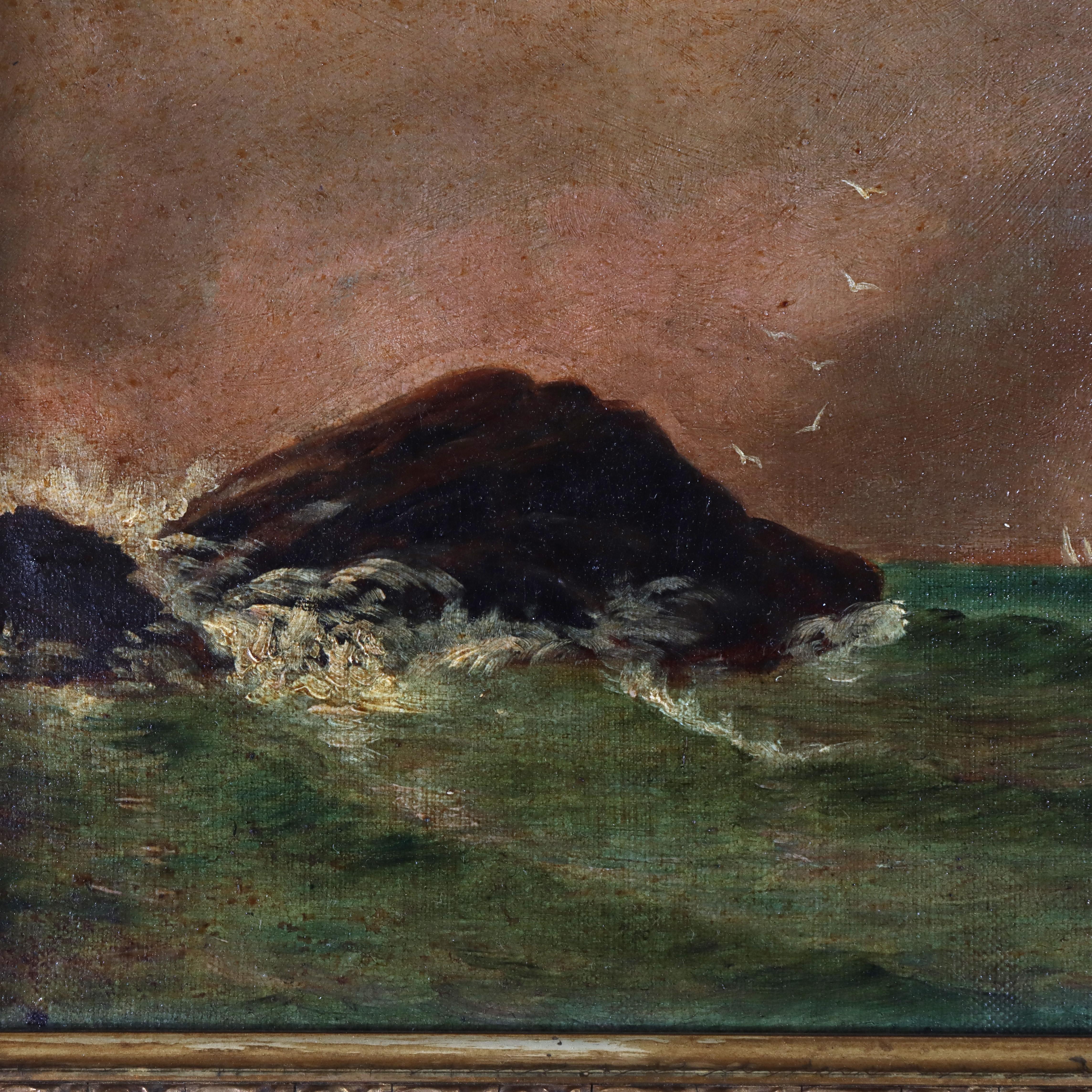 Antike Öl auf Leinwand Seelandschaft Gemälde C1890.    
Maße - 13,5 