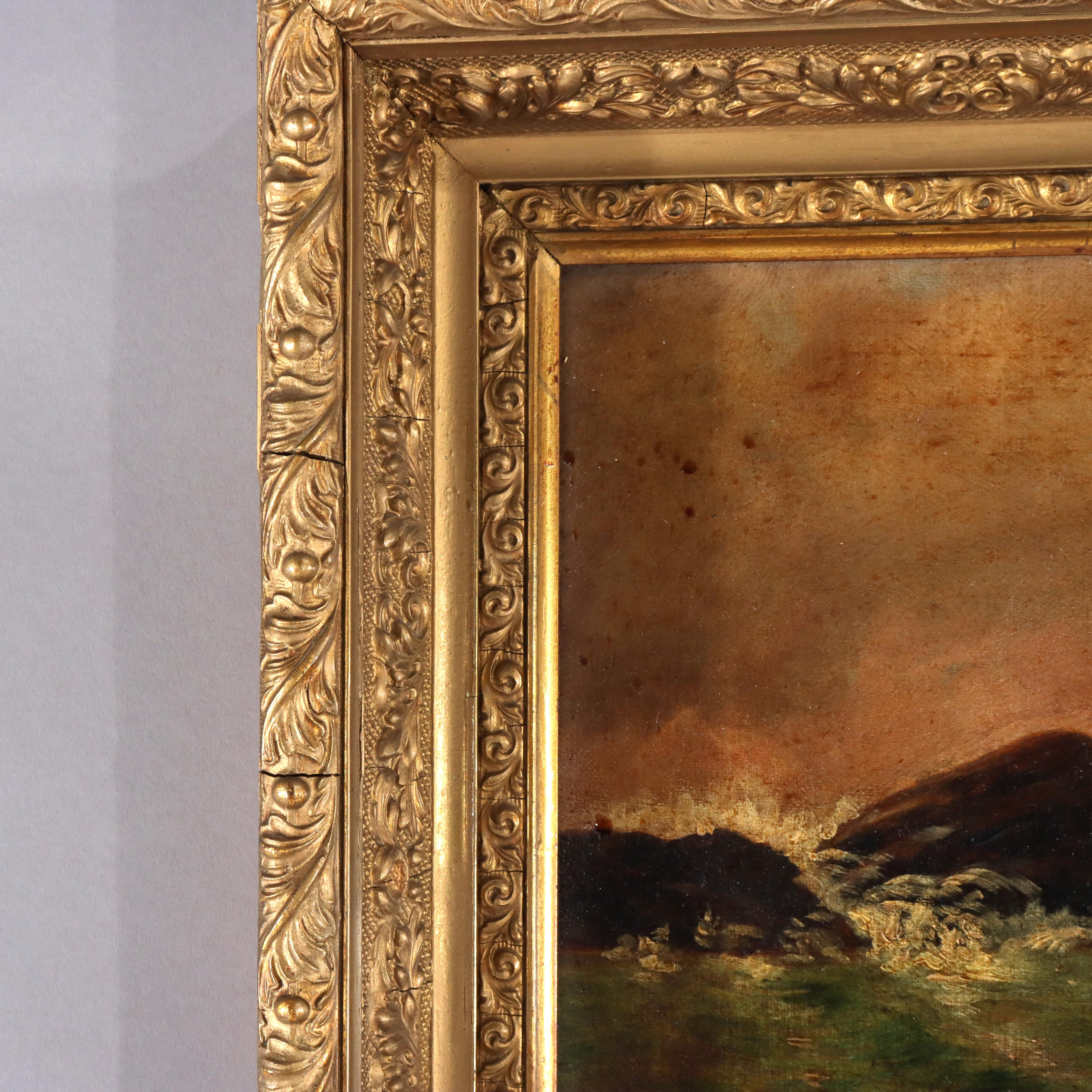 Antike Öl auf Leinwand Seelandschaft Gemälde C1890 im Angebot 3