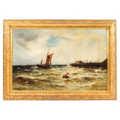 Pintura antigua al óleo sobre lienzo Paisaje marino Gustave De Bréanski, Siglo XIX