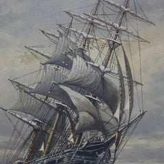 Antique Oil On Canvas Seascape Painting of a Tall Masted Ship by T. Bailey C1900