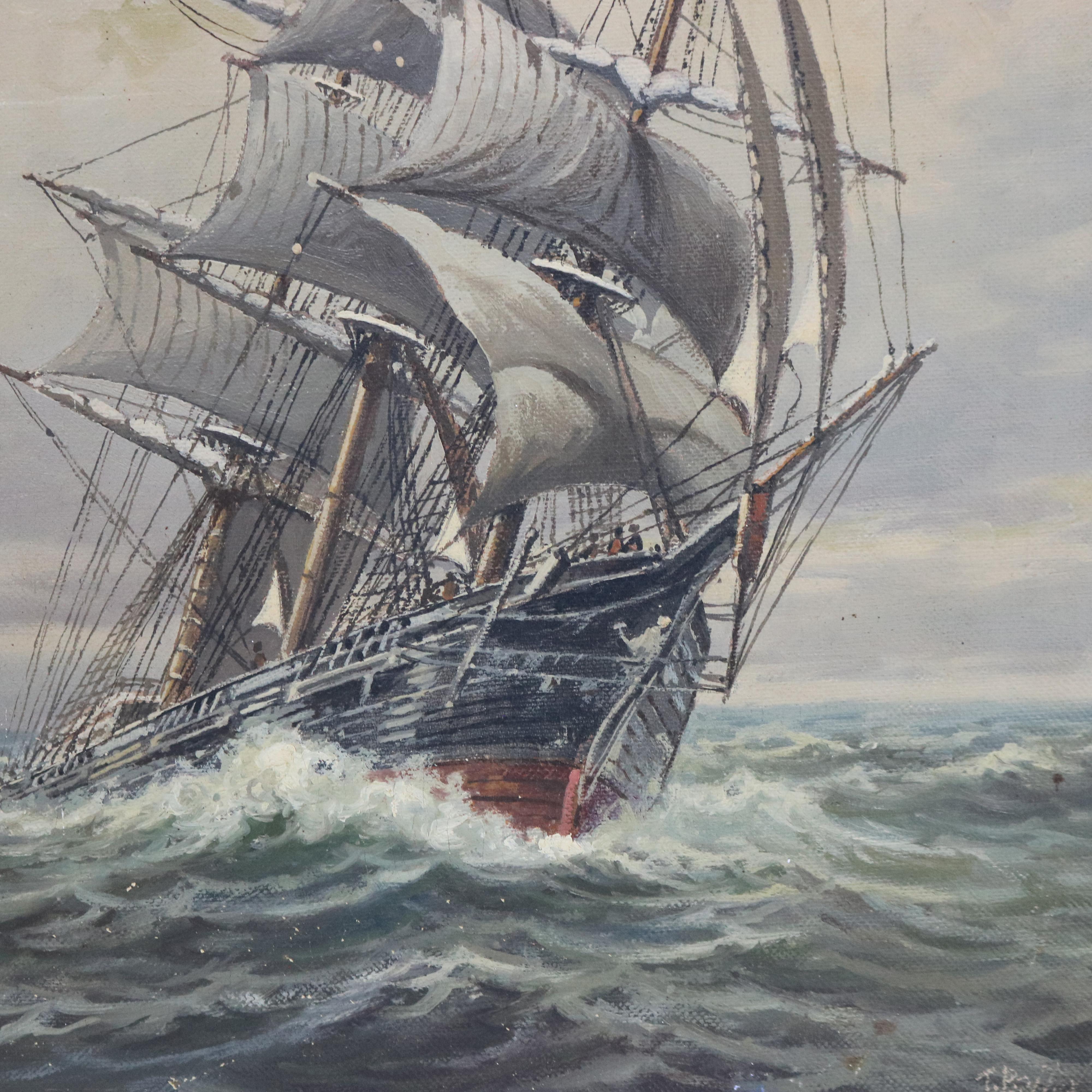 Pintura antigua al óleo sobre lienzo de un barco de mástiles altos por T. Bailey C1900 Pintado a mano en venta