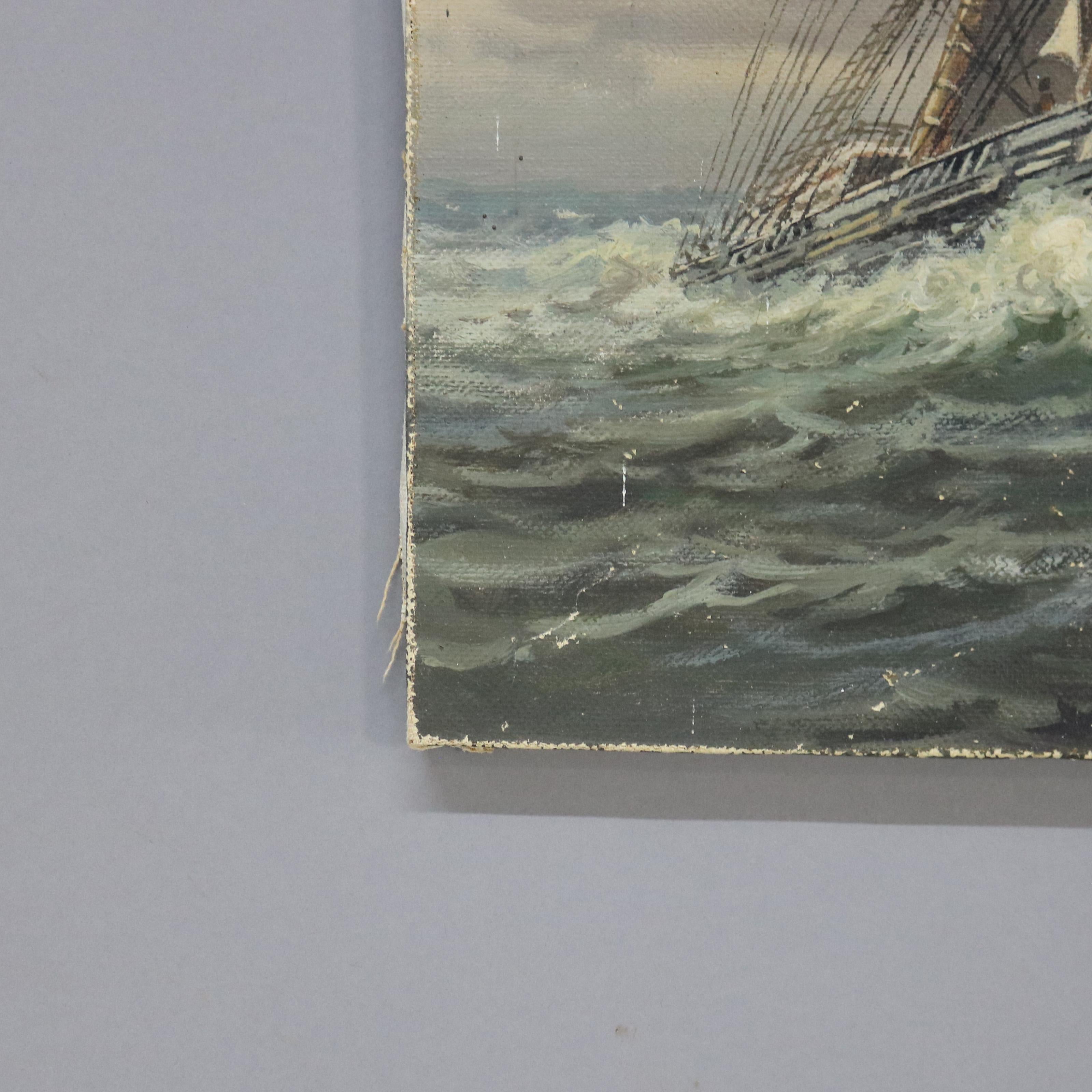 Pintura antigua al óleo sobre lienzo de un barco de mástiles altos por T. Bailey C1900 en Bueno estado para la venta en Big Flats, NY