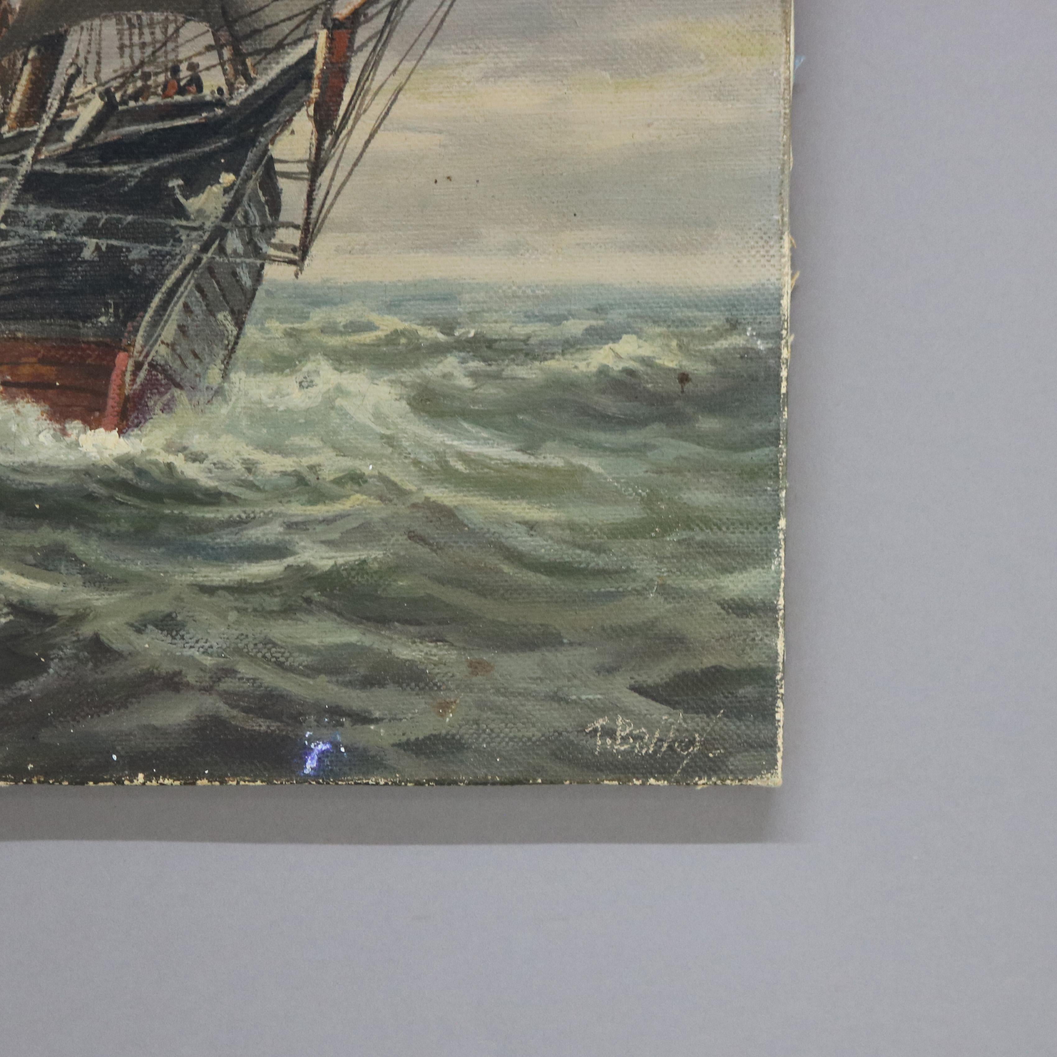 Pintura antigua al óleo sobre lienzo de un barco de mástiles altos por T. Bailey C1900 siglo XX en venta