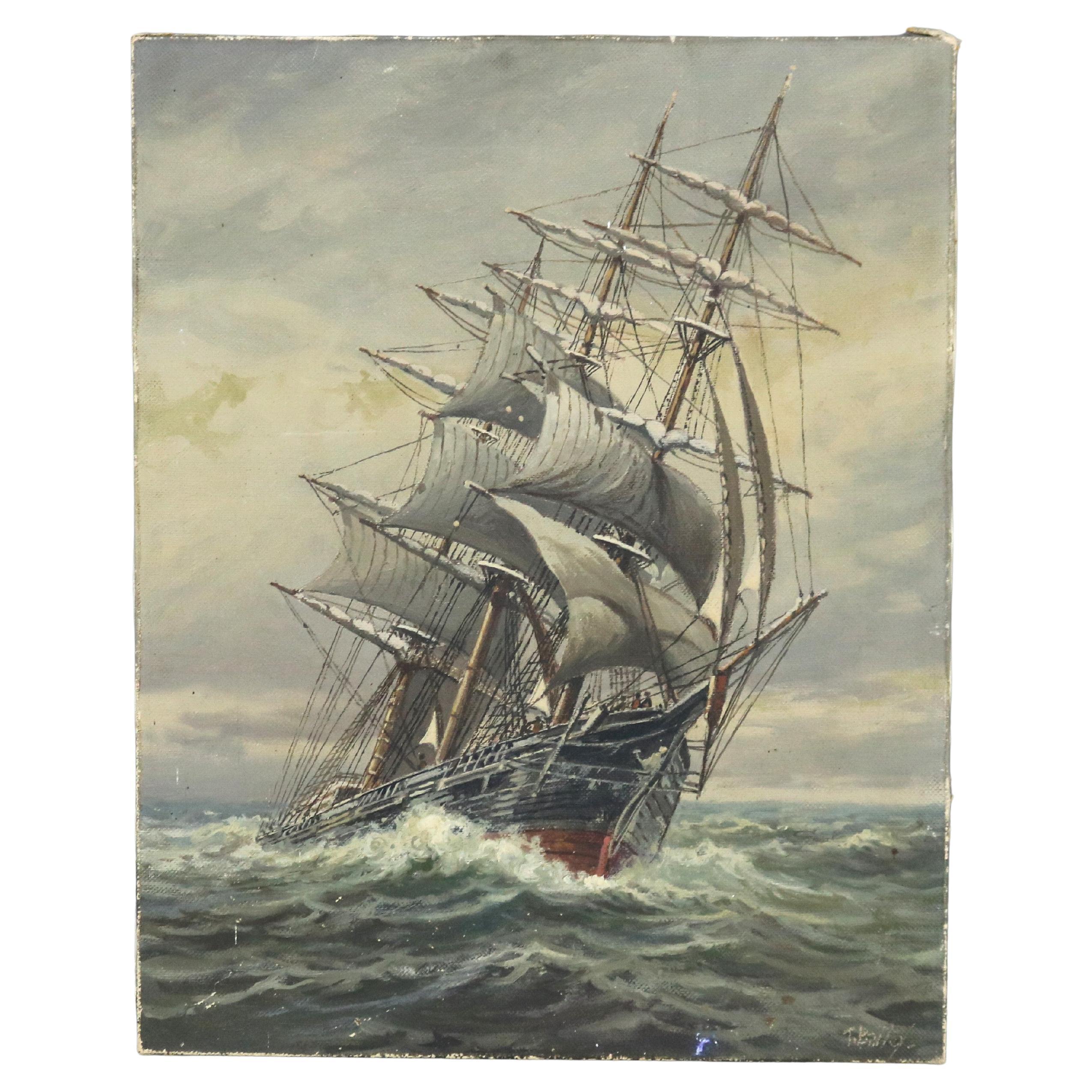Antique Oil On Canvas Seascape Painting of a Tall Masted Ship by T. Bailey C1900