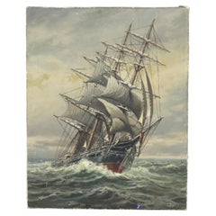 Antico dipinto a olio su tela raffigurante una nave alta di T. Bailey C1900