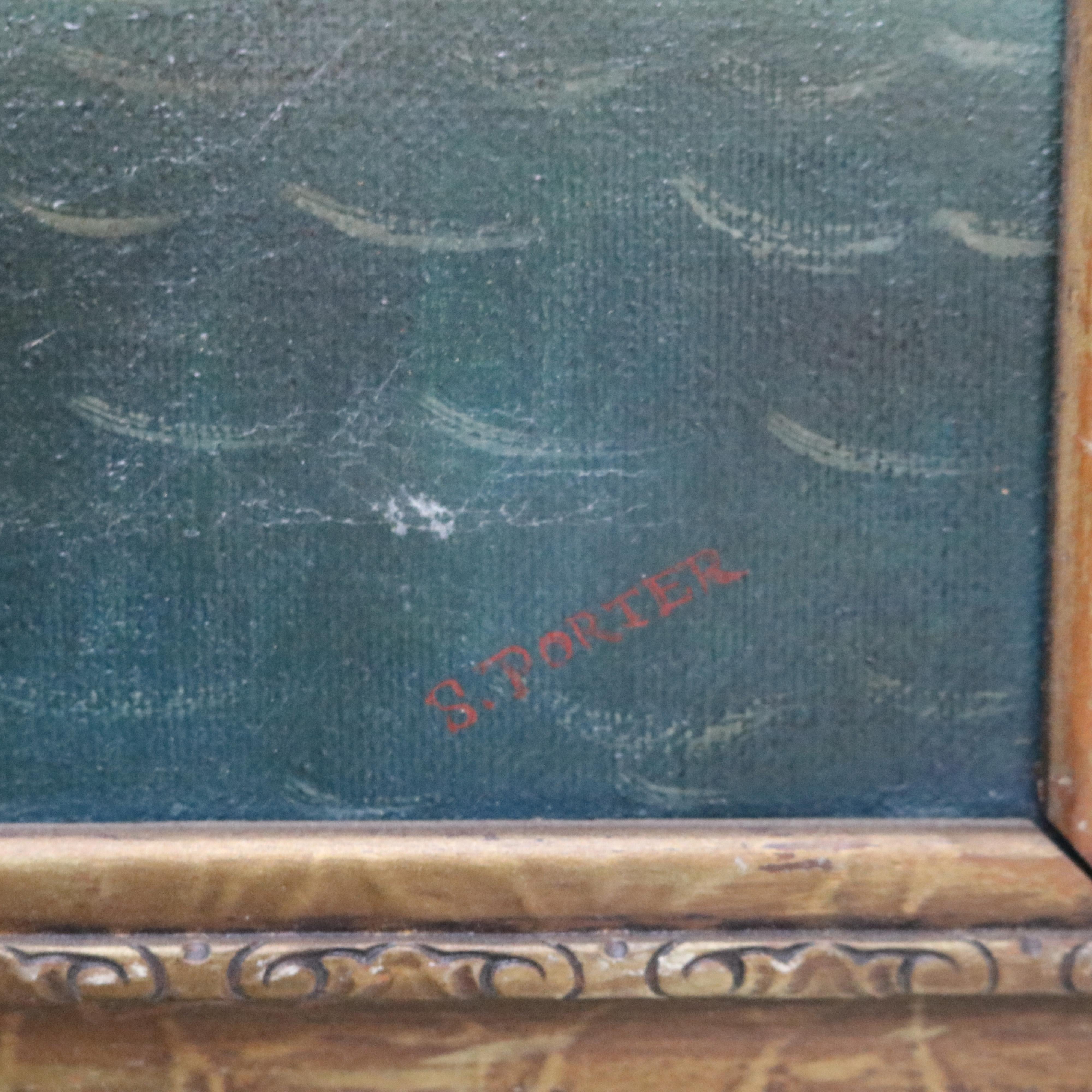 Antique Oil on Canvas Seascape Painting of Tall Masted Ship by S. Porter C1890 7