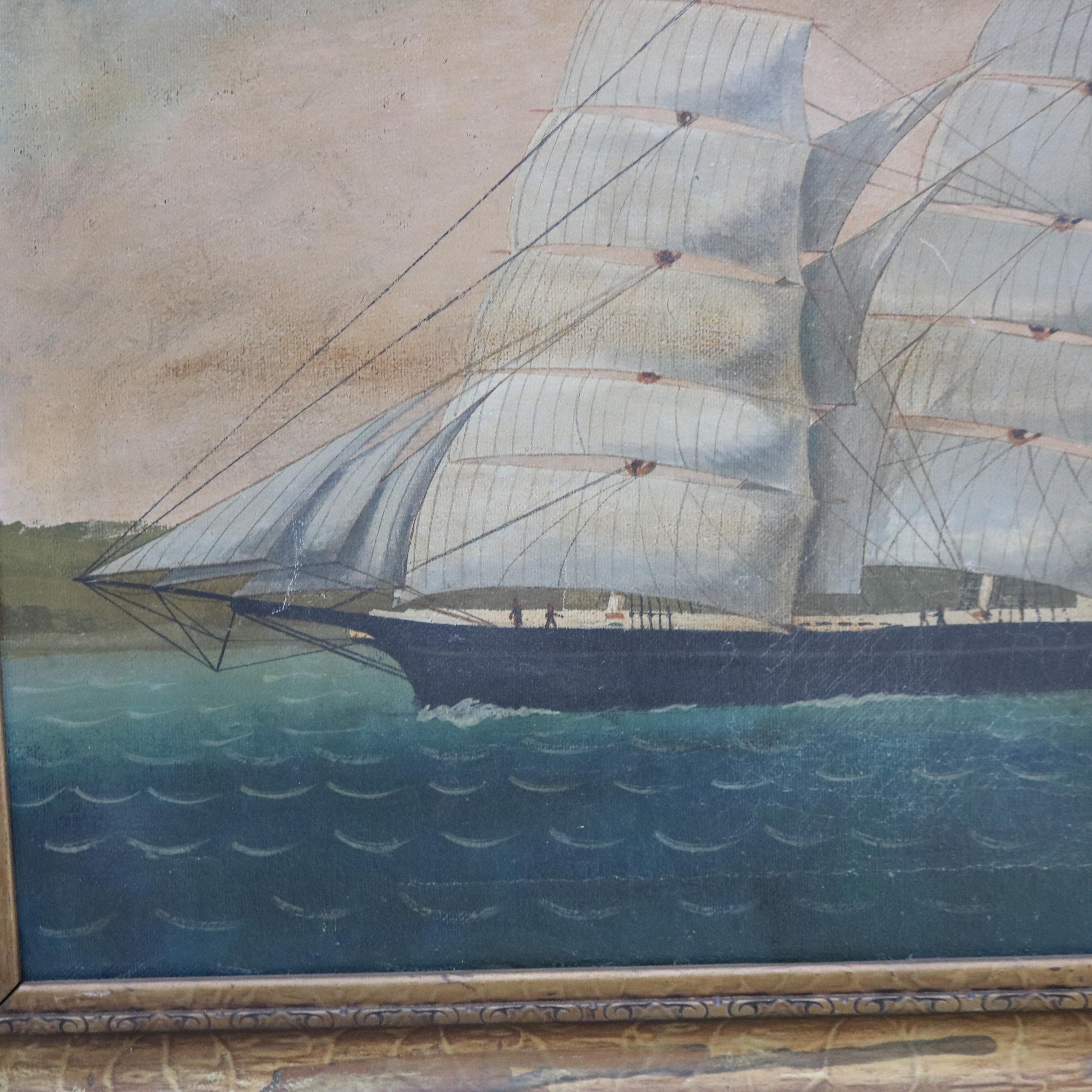 Antique Oil on Canvas Seascape Painting of Tall Masted Ship by S. Porter, Framed, C1890

Measures- 23.25