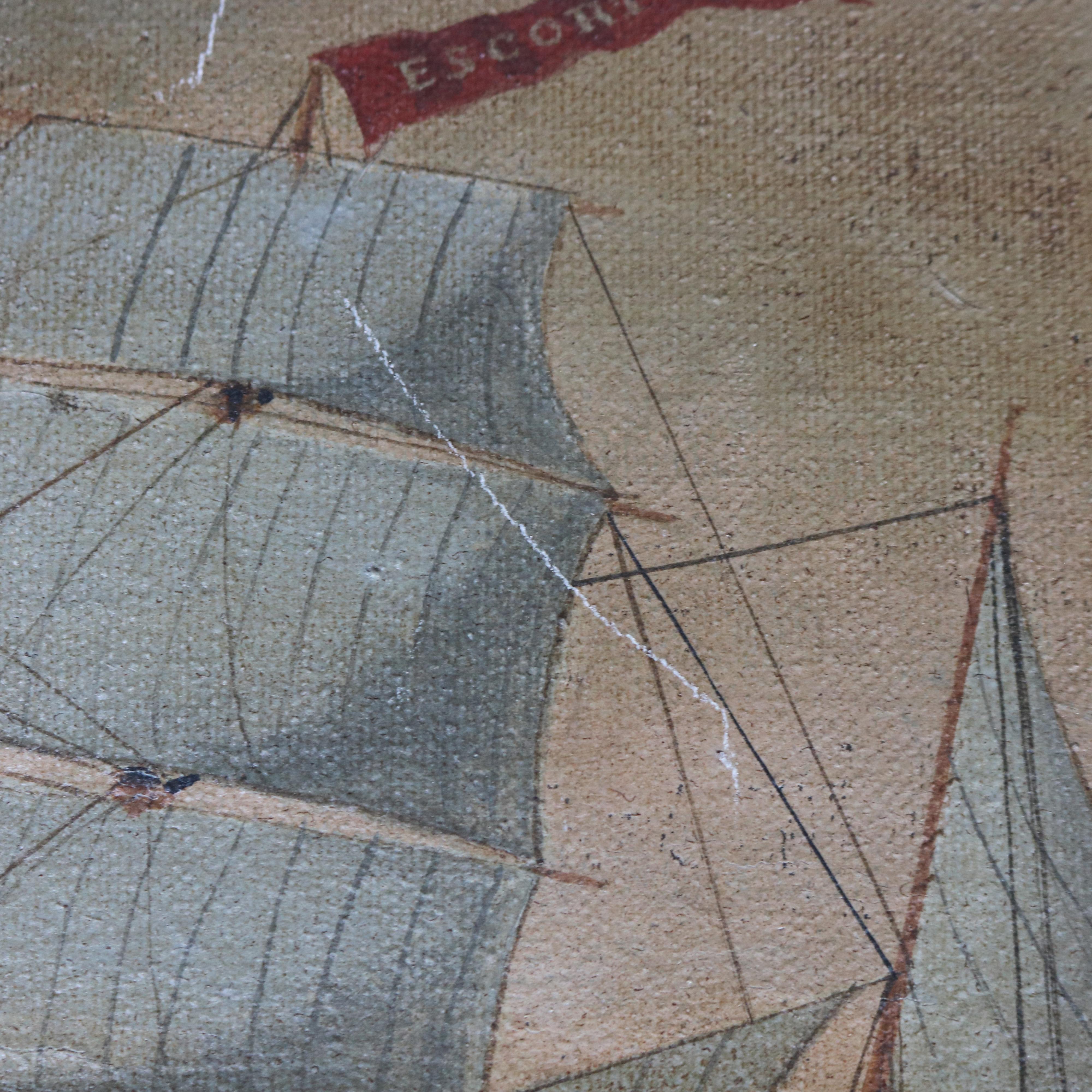 Hand-Painted Antique Oil on Canvas Seascape Painting of Tall Masted Ship by S. Porter C1890