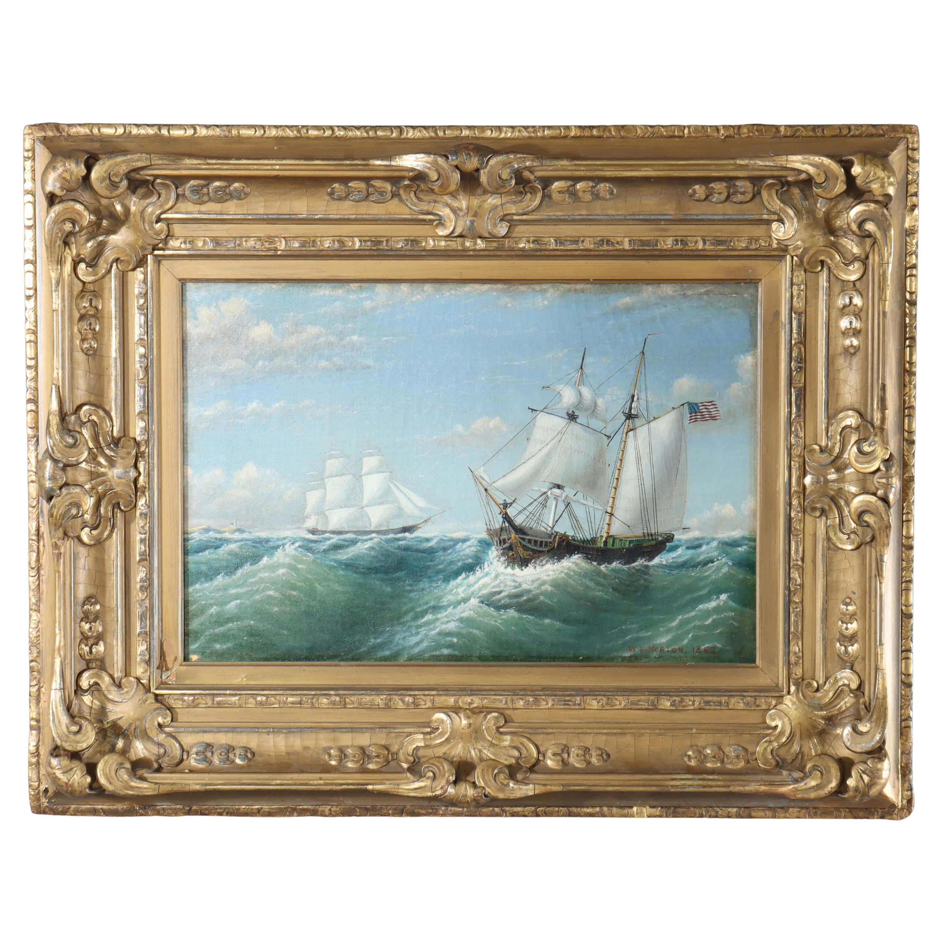 Antique Oil On Canvas Seascape Painting With Clipper Ships By E. W. Norton C1862
