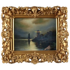 Antique Oil on Canvas Seascape Painting with Lighthouse, Giltwood Framed