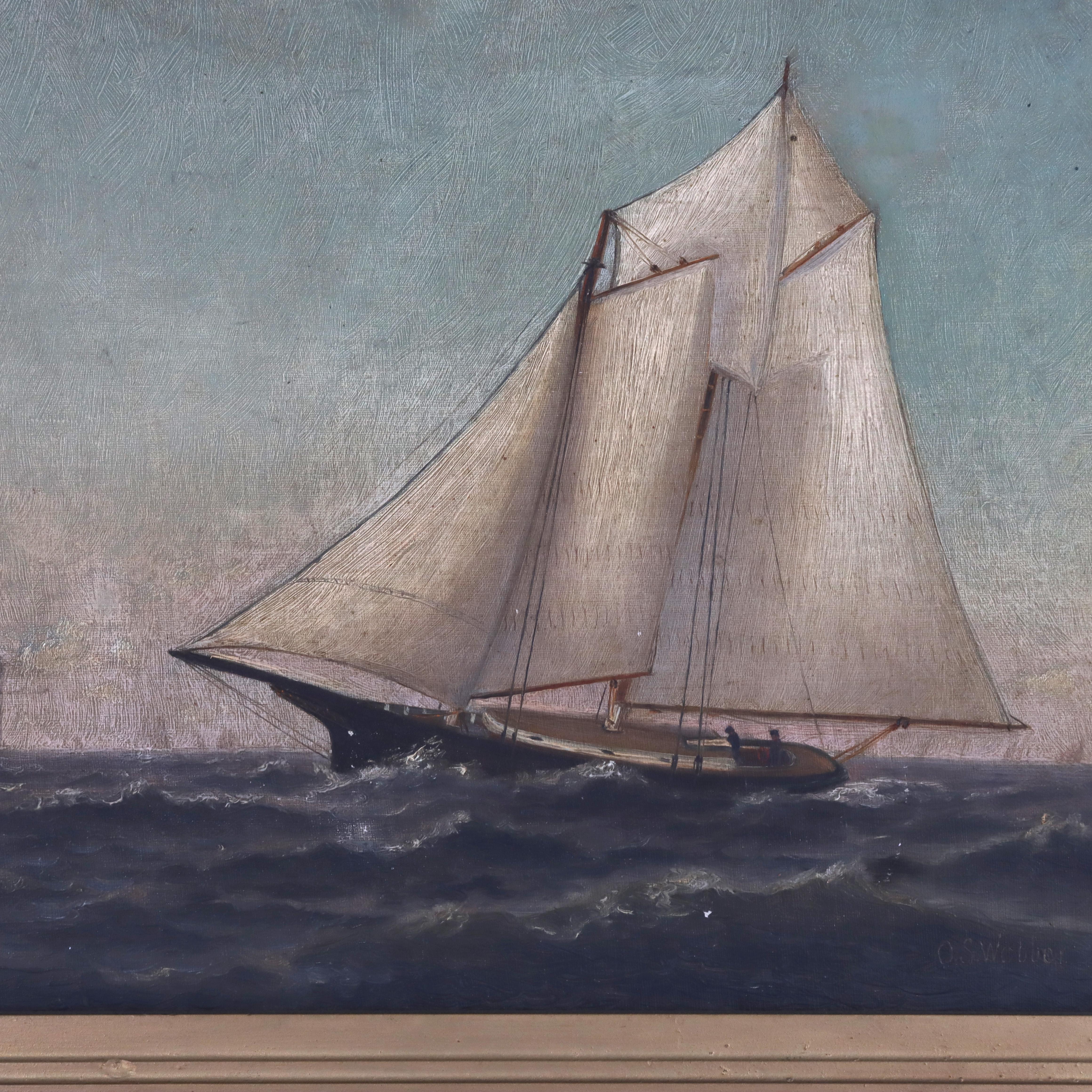Antique Oil on Canvas Painting of A Seascape with Schooners Signed by O. S. Webber C1877.   
Measures - 20.25