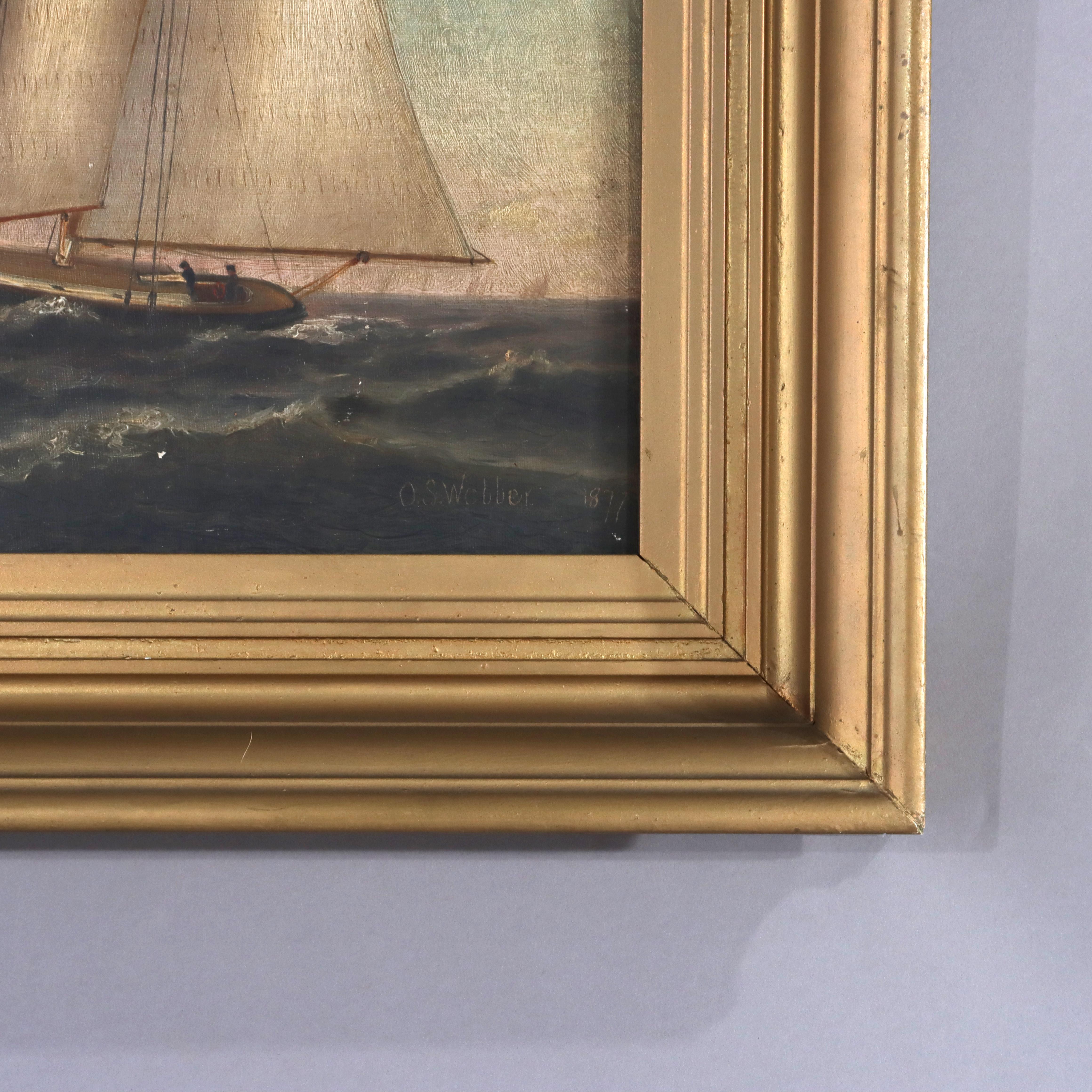 Antique Oil on Canvas Seascape Painting with Schooners by O. S. Webber C1877 In Good Condition For Sale In Big Flats, NY