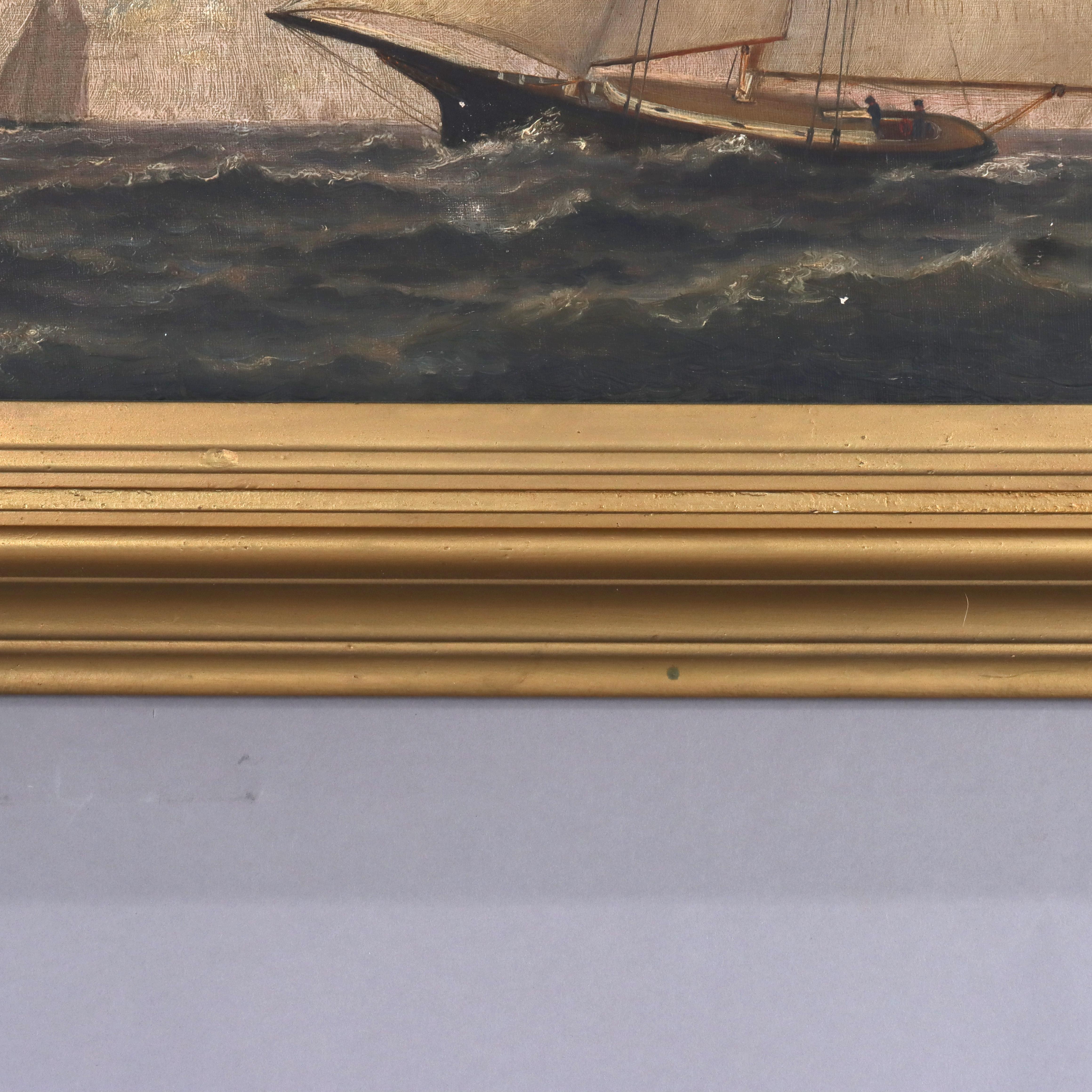19th Century Antique Oil on Canvas Seascape Painting with Schooners by O. S. Webber C1877 For Sale
