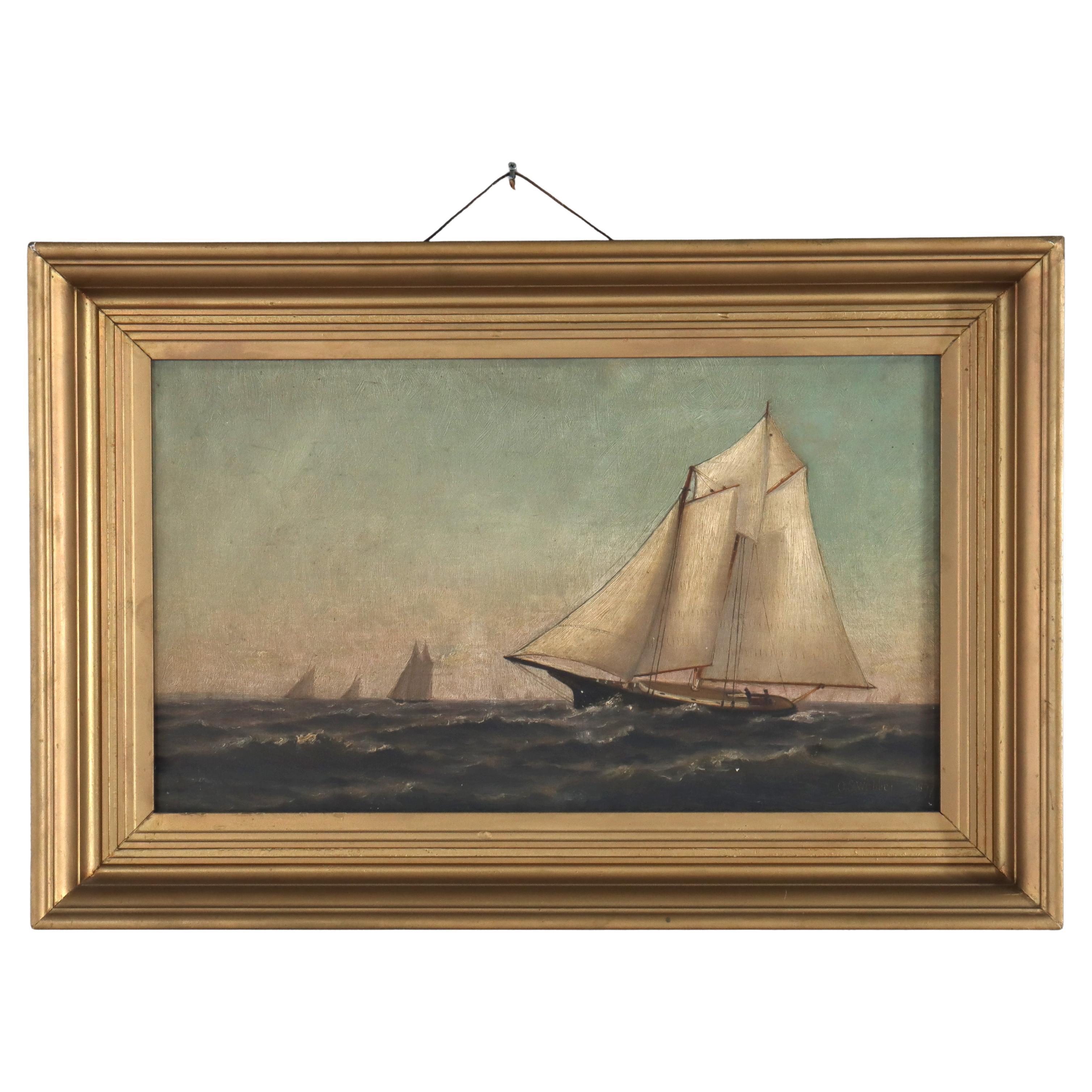Antique Oil on Canvas Seascape Painting with Schooners by O. S. Webber C1877 For Sale